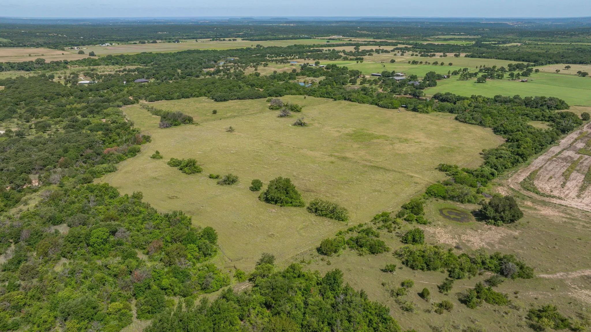 Expansive acreage featuring a mix of open fields and dense tree lines