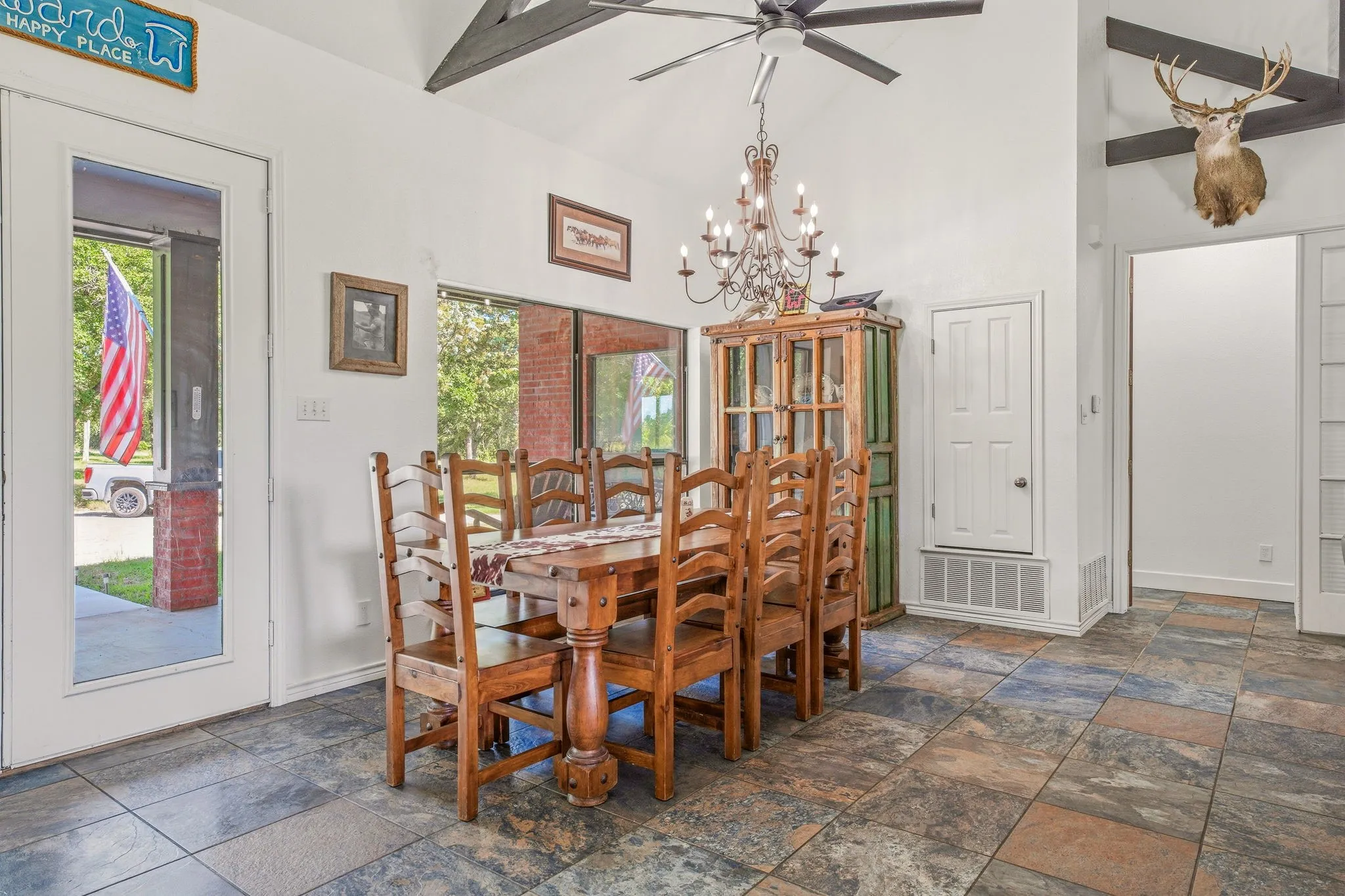 Vaulted ceiling with exposed wood beams