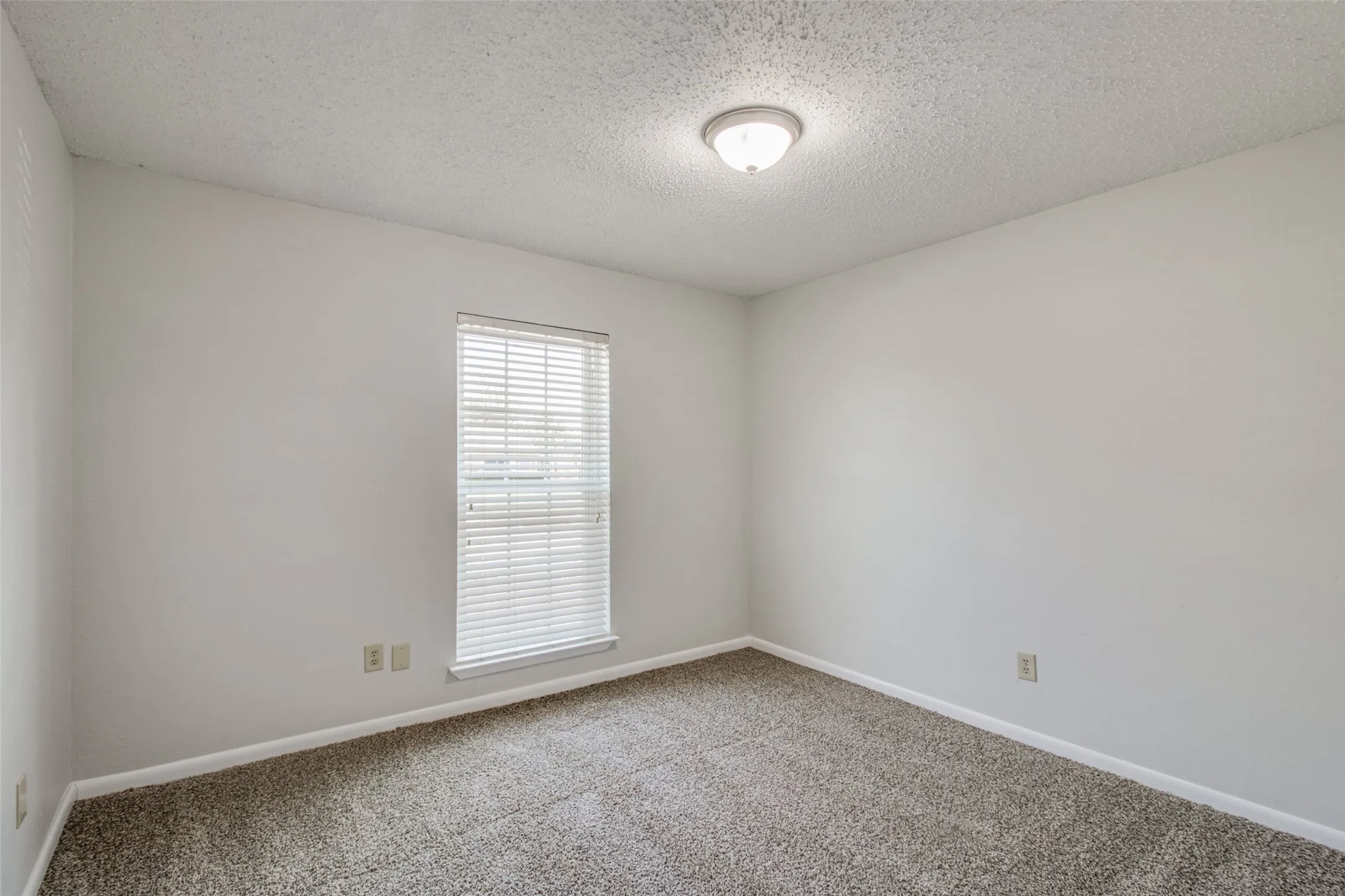 Neutral wall paint, textured ceiling, window with horizontal blinds, flush mount light fixture, and carpeted flooring
