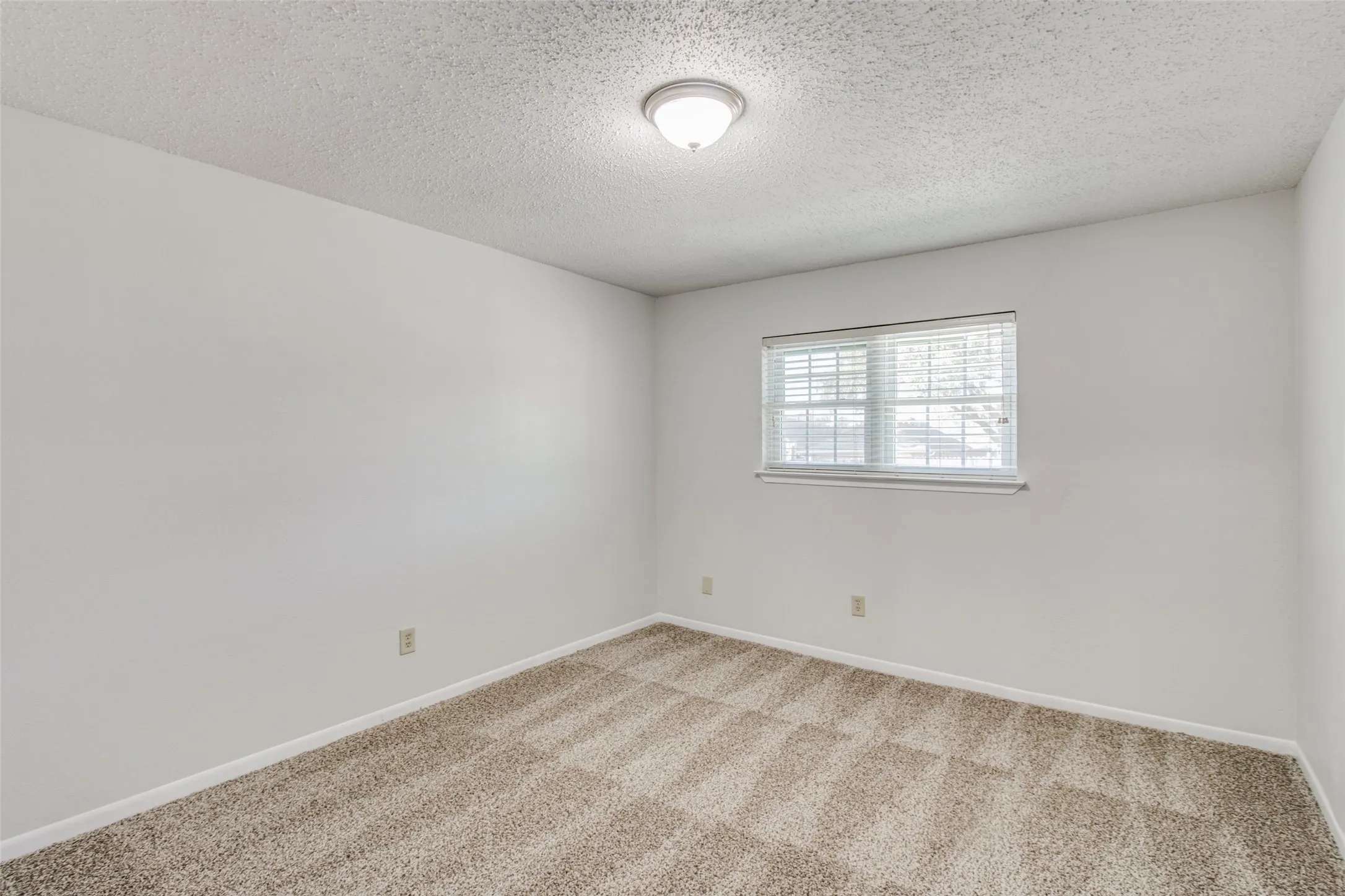 Spacious room featuring neutral paint, textured carpet, window blinds, and a flush mount ceiling light fixture