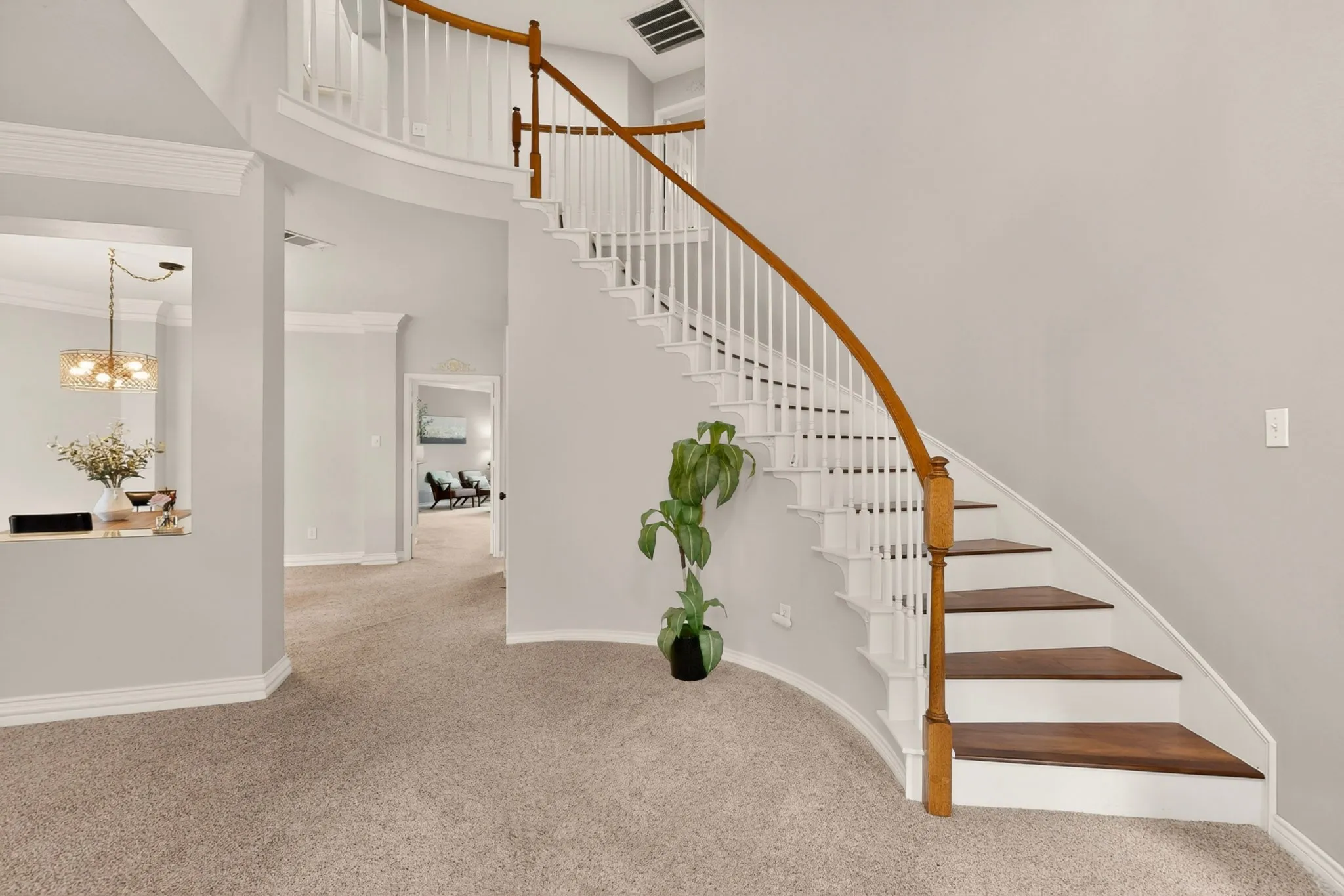 Curved staircase with wood-finish treads and balusters, white risers, and a matching handrail