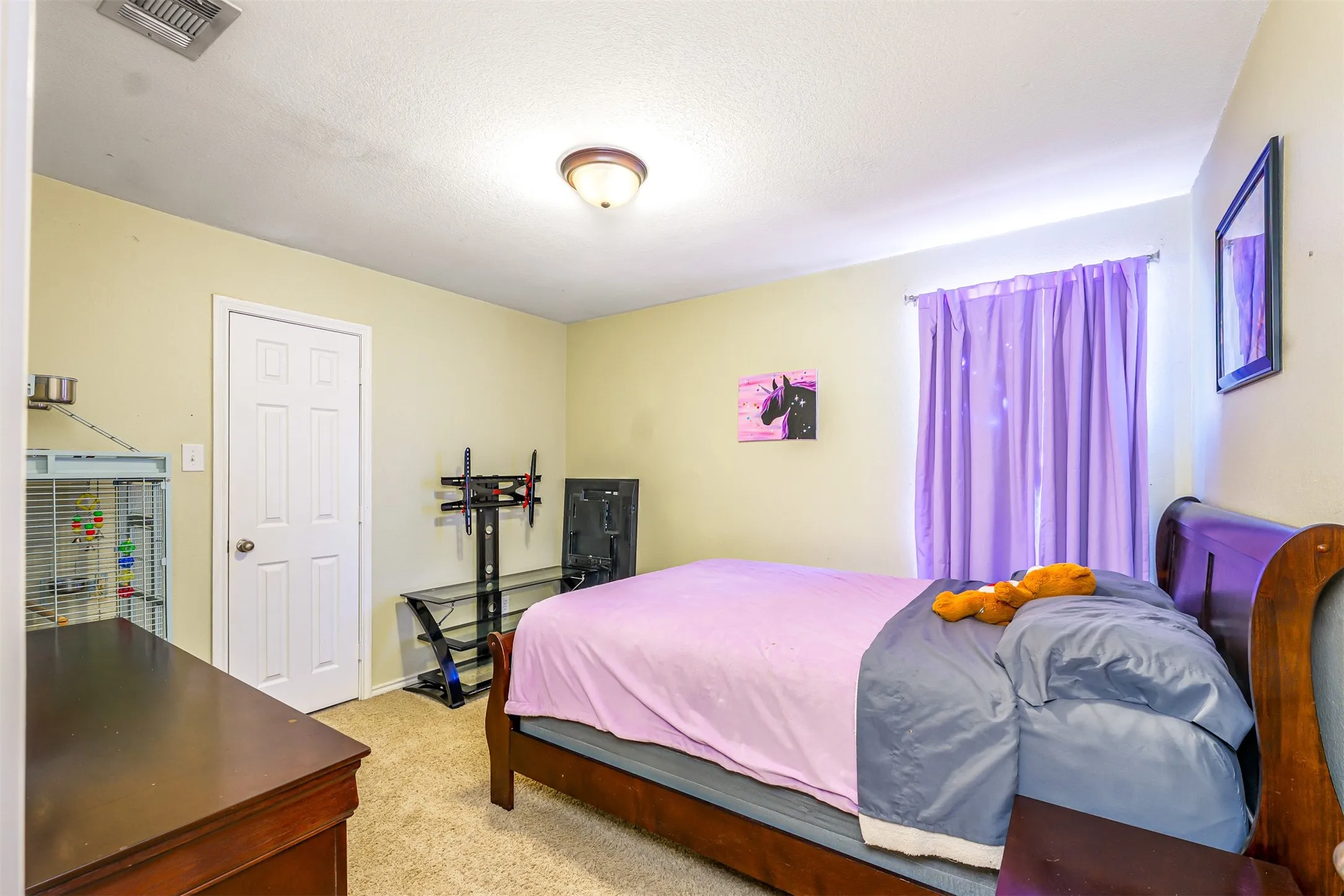 Carpeted room featuring a ceiling-mounted light fixture, light-toned walls, and a window with vertical blinds