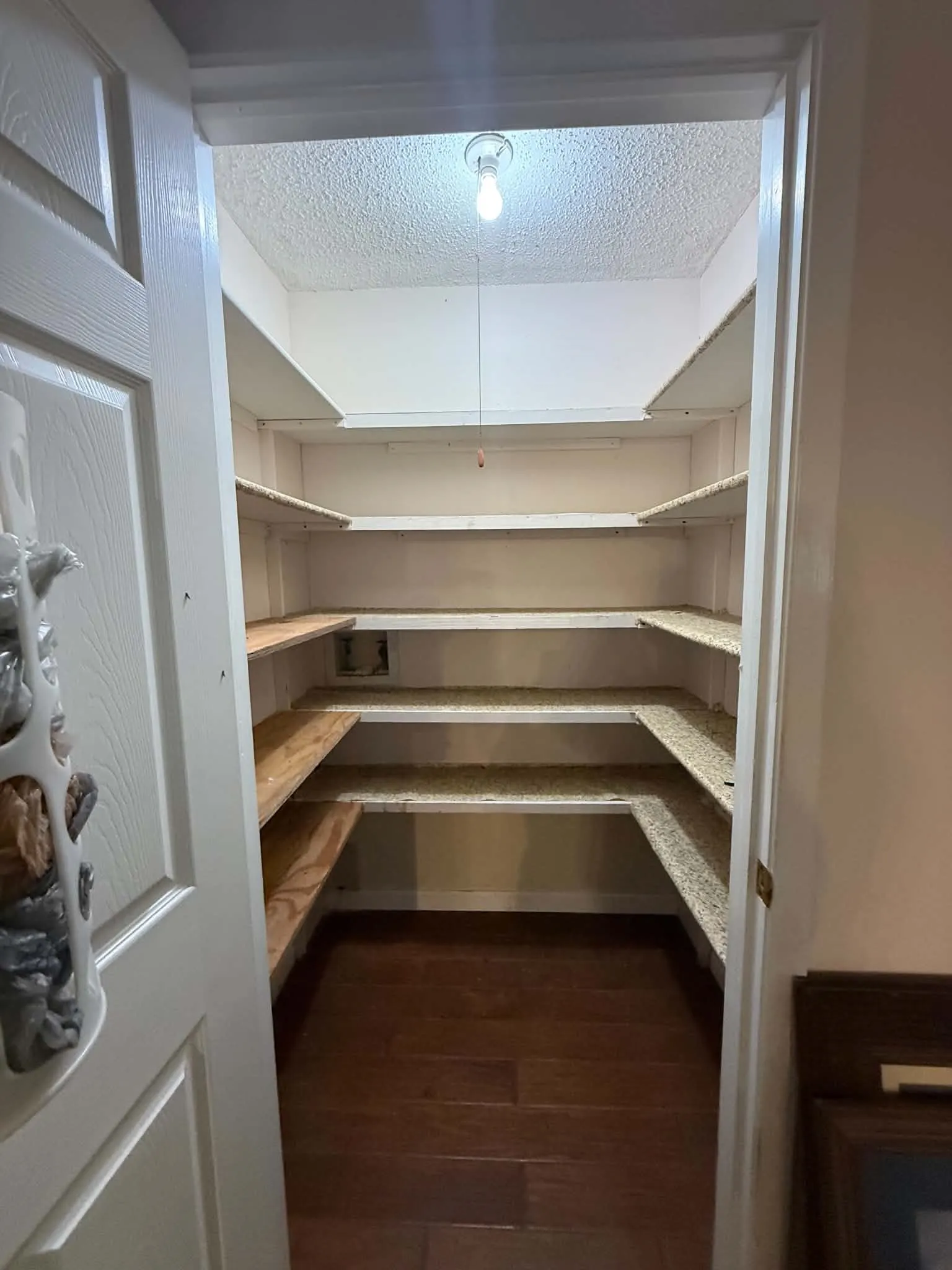 Walk-in pantry with ample shelving, wood-finish flooring, and built-in lighting