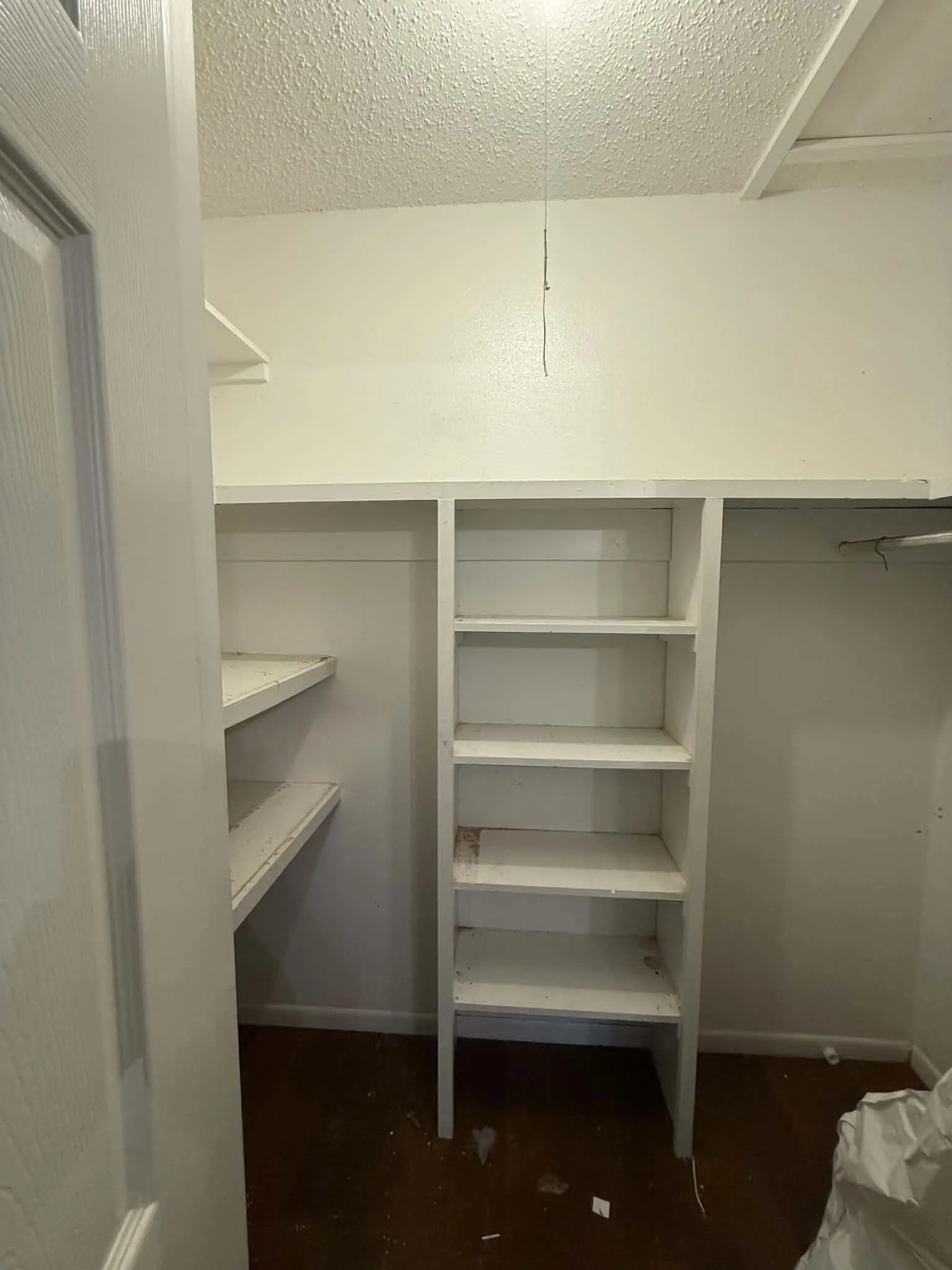 Built-in shelving and hanging rod provide storage solutions