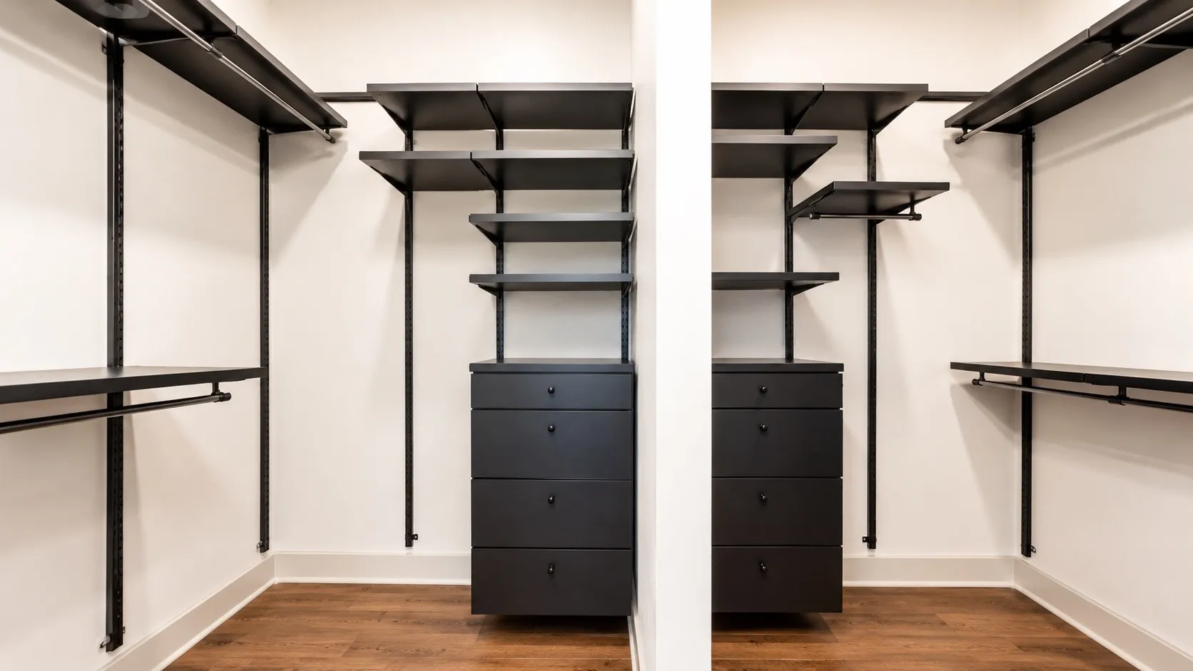 Customizable closet system with dark wood-finish flooring