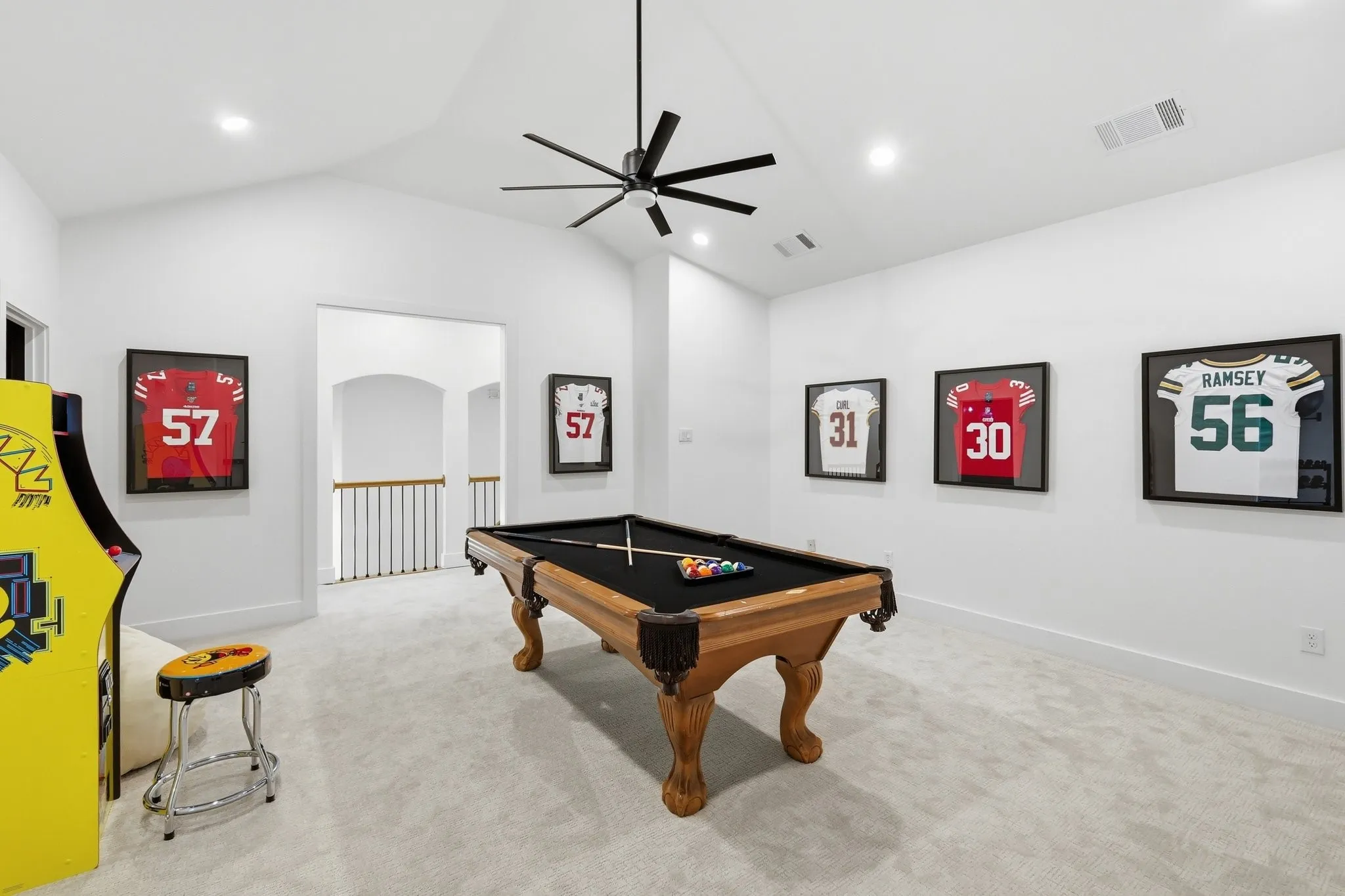 210 Canyon Oaks, Argyle, TX 76226 - Game room - Spacious bonus room featuring a full-size billiard table with a black felt surface, white walls, vaulted ceiling, recessed lighting, and a modern black ceiling fan
