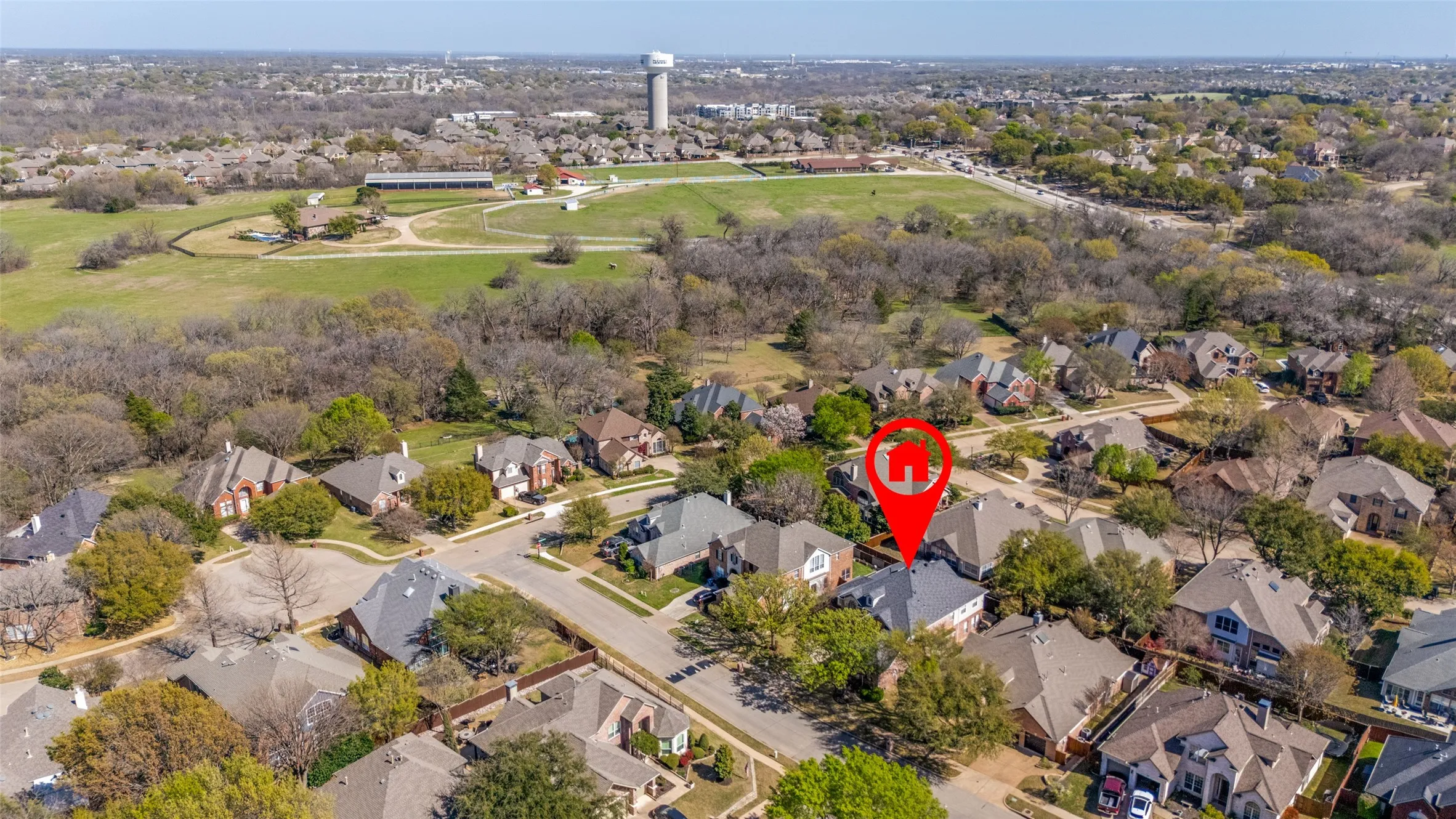 Aerial view of the residential neighborhood near McKinney Texas, demonstrating the family-friendly suburban setting, established subdivision feel, and convenient access to major roads, retail, restaurants, schools, parks, and the everyday amenities buyers want in a Collin County home.