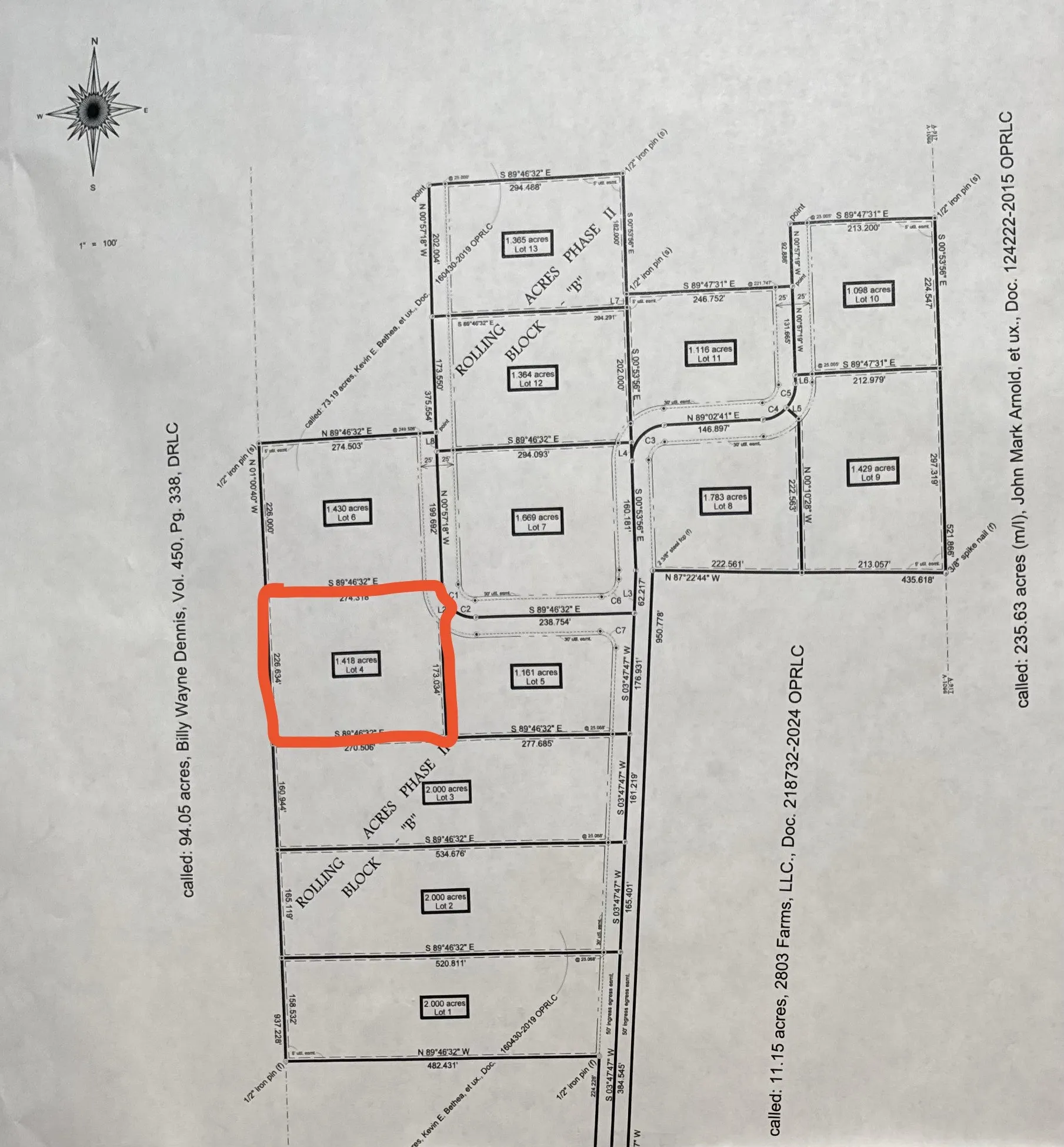 Plat Map. Illustrating the division of a land parcel into individual lots with dimensions and acreage