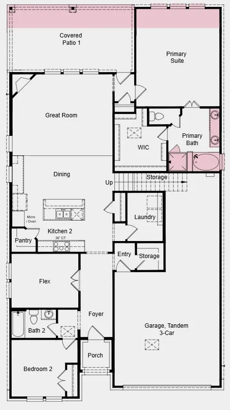 Additional Highlights Include: Extended primary suite and covered patio, slide-in tub at primary bath, upstairs secondary full bathroom, and media room.