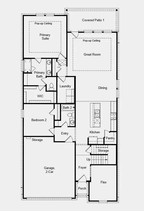 First Floor Plan - Additional Highlights Include: gourmet kitchen, pop-up ceiling at primary and great room, outdoor gas drop, whole house blinds, tankless water heater, and all appliances included