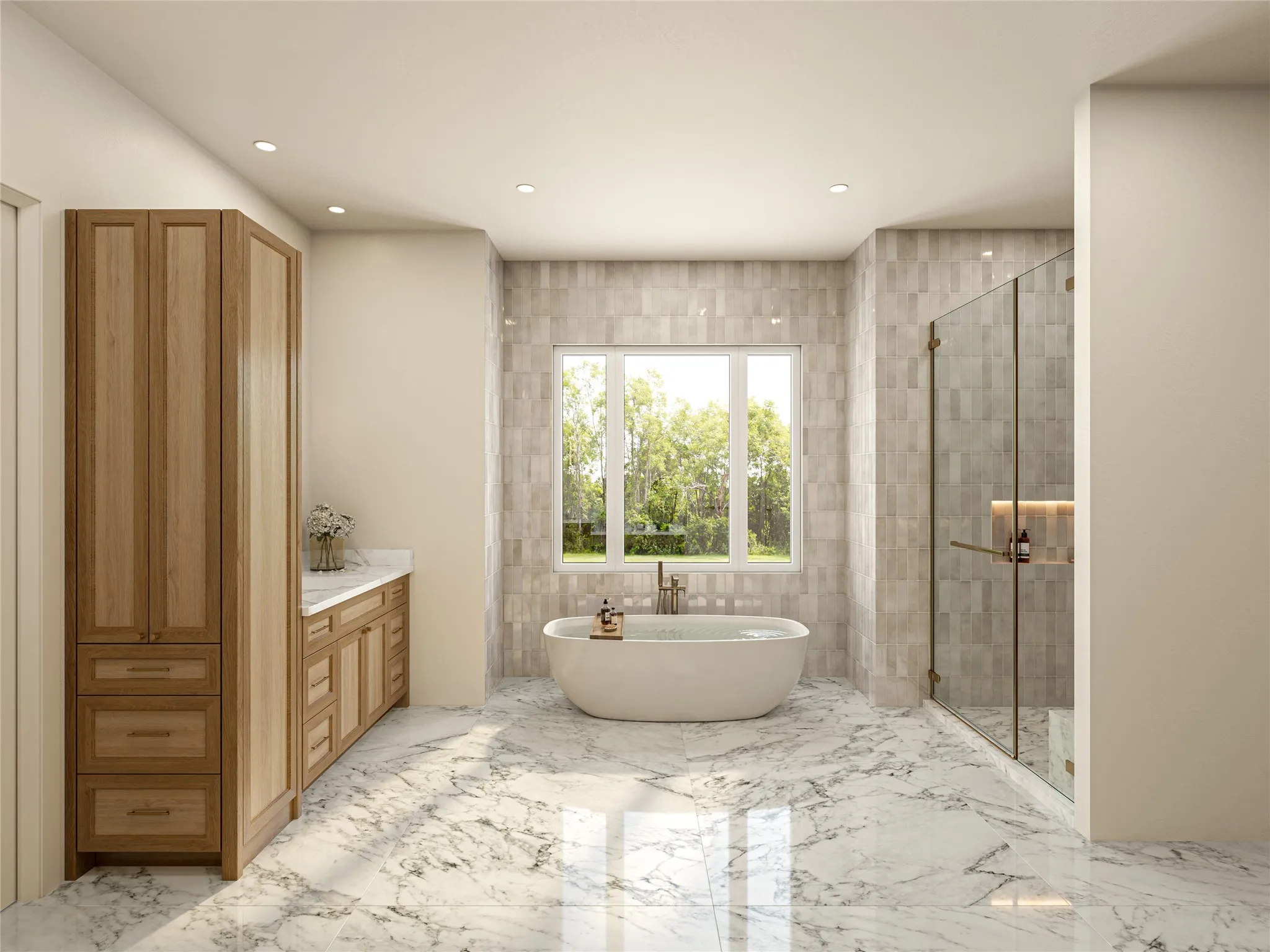 Spacious bathroom featuring marble-finish flooring and a standalone soaking tub