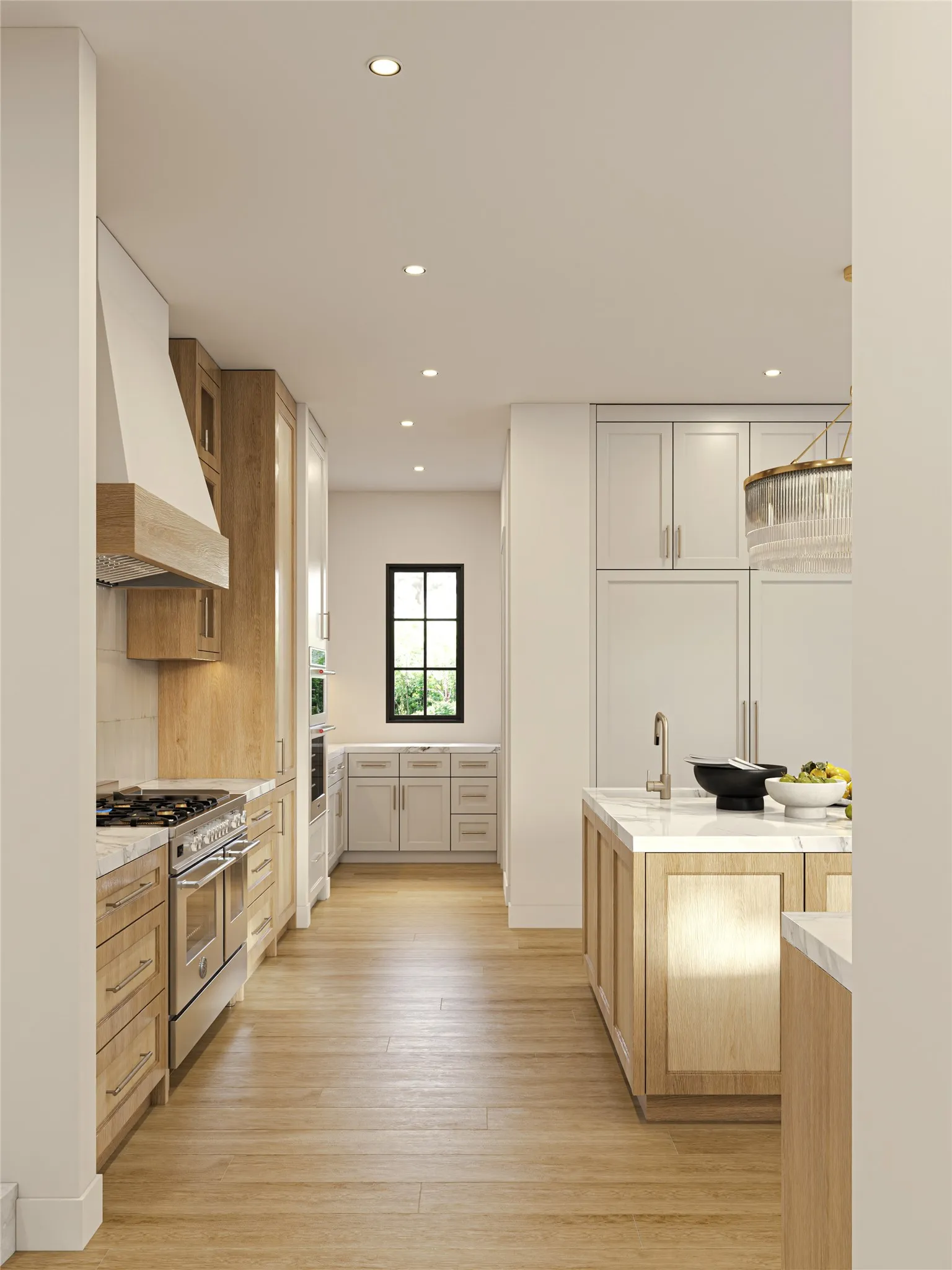 Gourmet kitchen featuring wood-finish flooring, recessed lighting, a range with a custom wood hood, stainless steel appliances, and an island with a sink and pendant light fixture