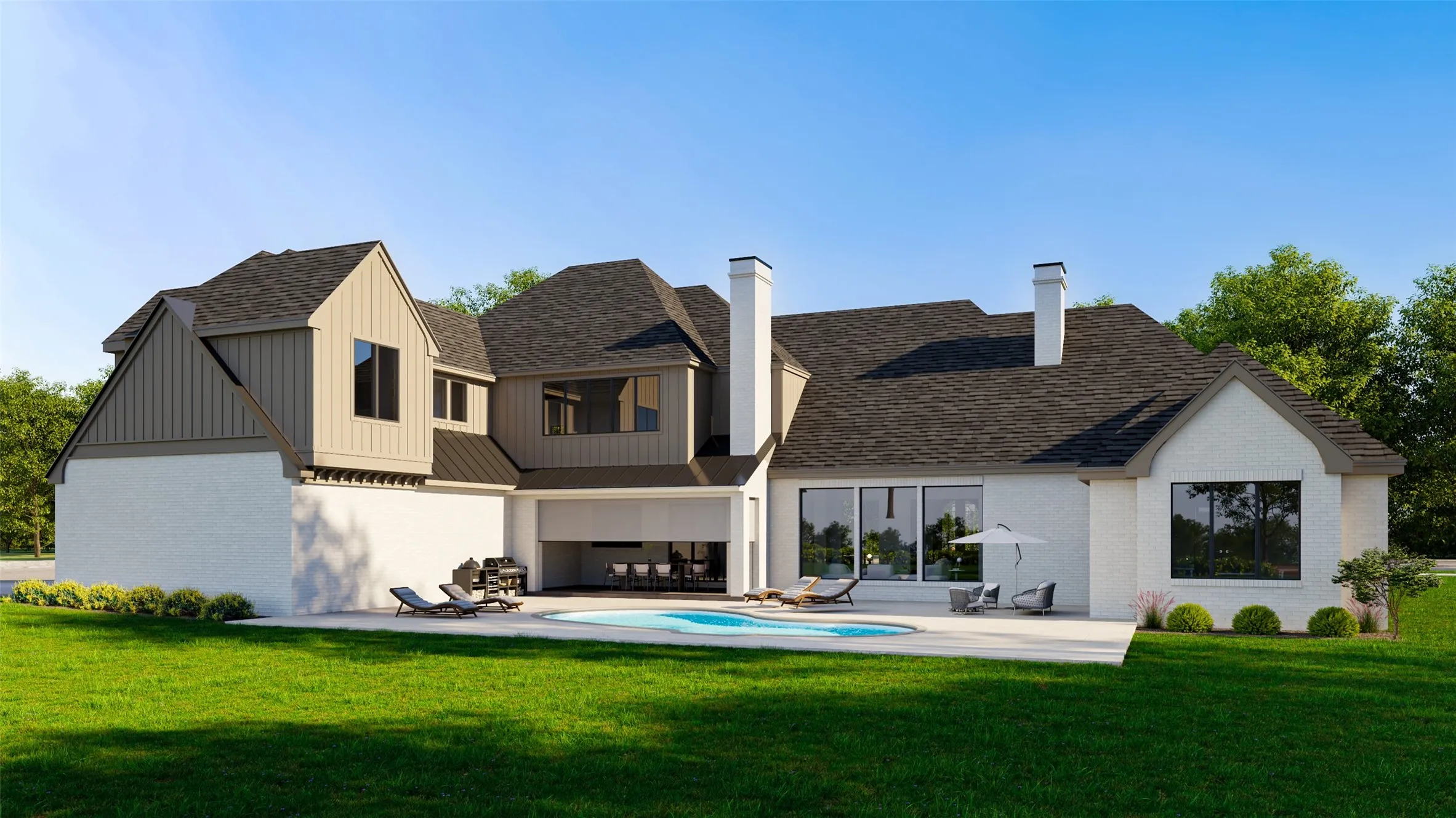 Rear exterior featuring a pristine lawn, white brick facade, dark shingle roof, integrated swimming pool, and a covered patio with direct access to the interior
