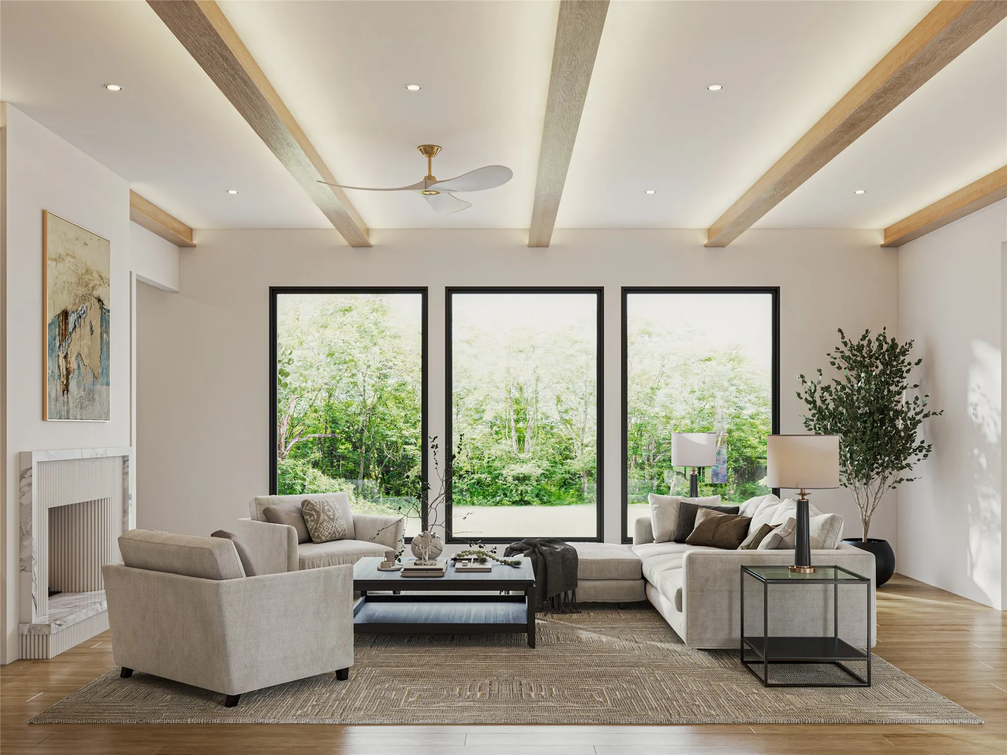 Living area featuring wood-finish flooring, a contemporary fireplace with a stone surround, and three floor-to-ceiling windows