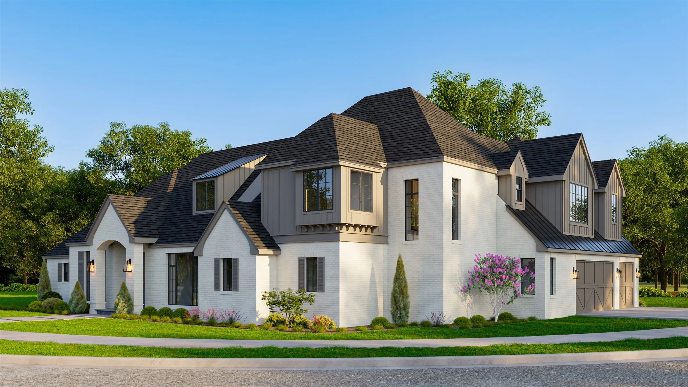 Contemporary residence featuring a white brick exterior with dark shingle roofing