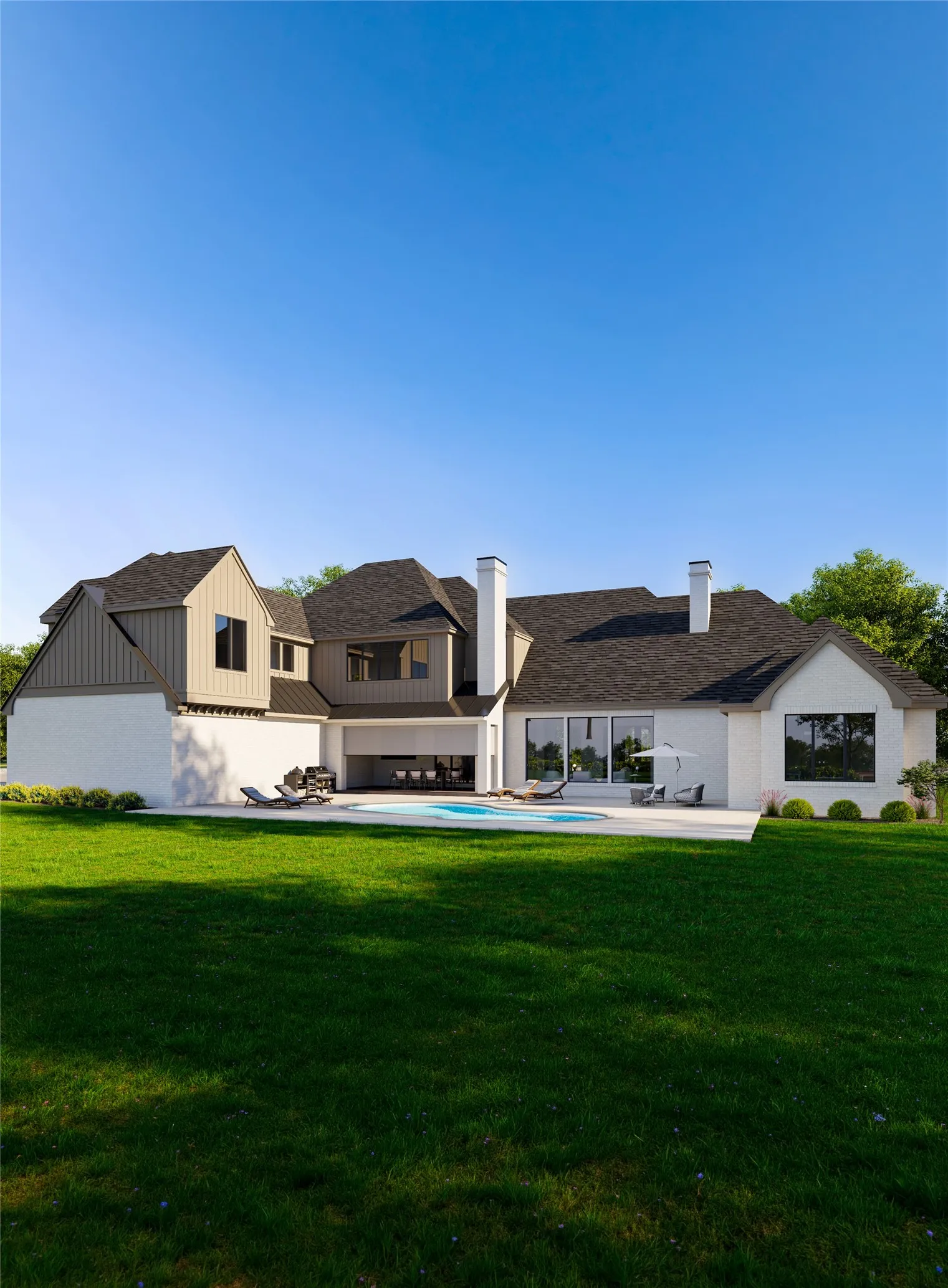 Expansive rear exterior featuring a swimming pool with surrounding patio, a broad lawn, multiple large windows, and a combination of white brick and dark siding
