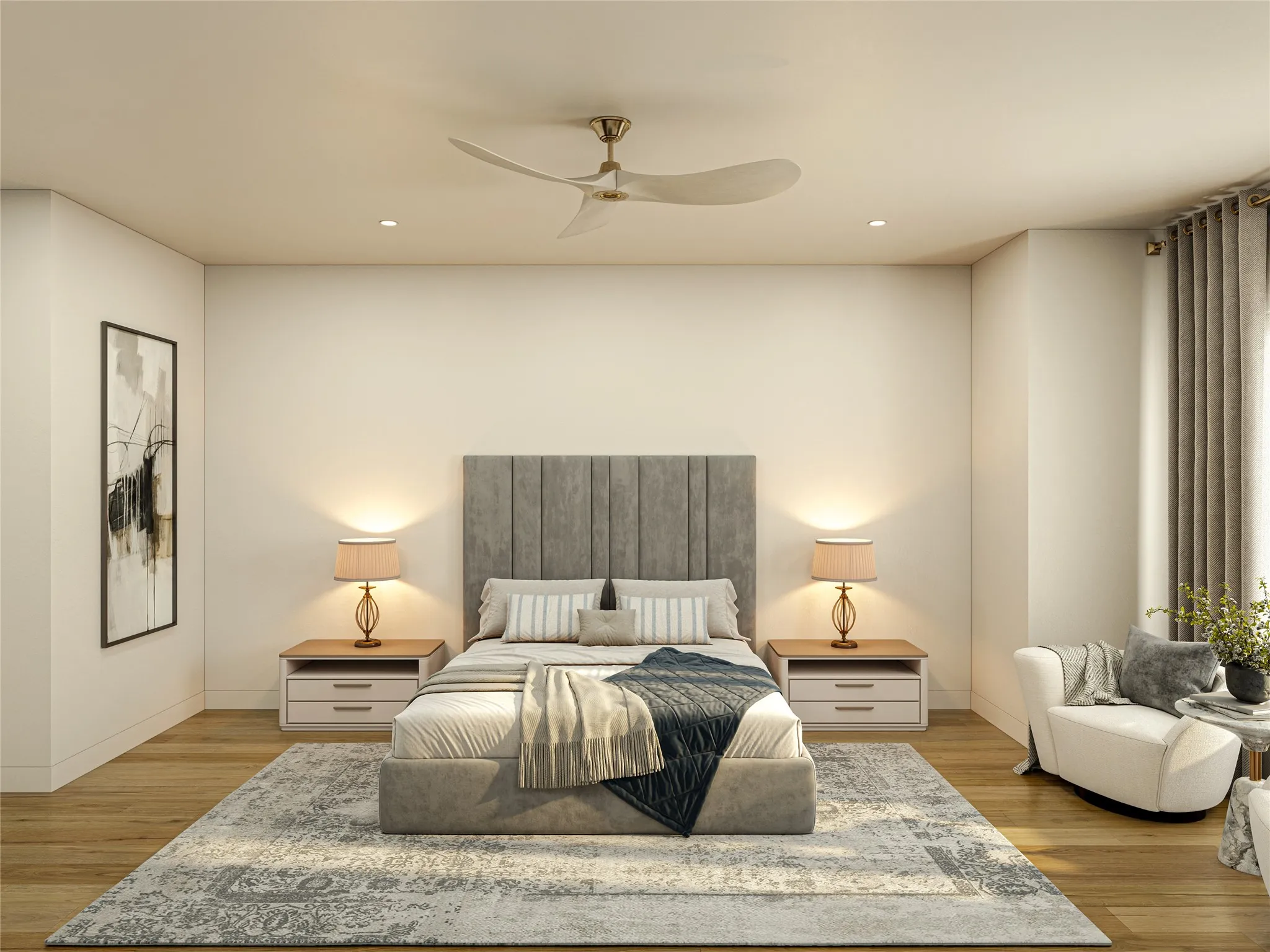 Recessed lighting illuminates the space, complemented by a ceiling fan