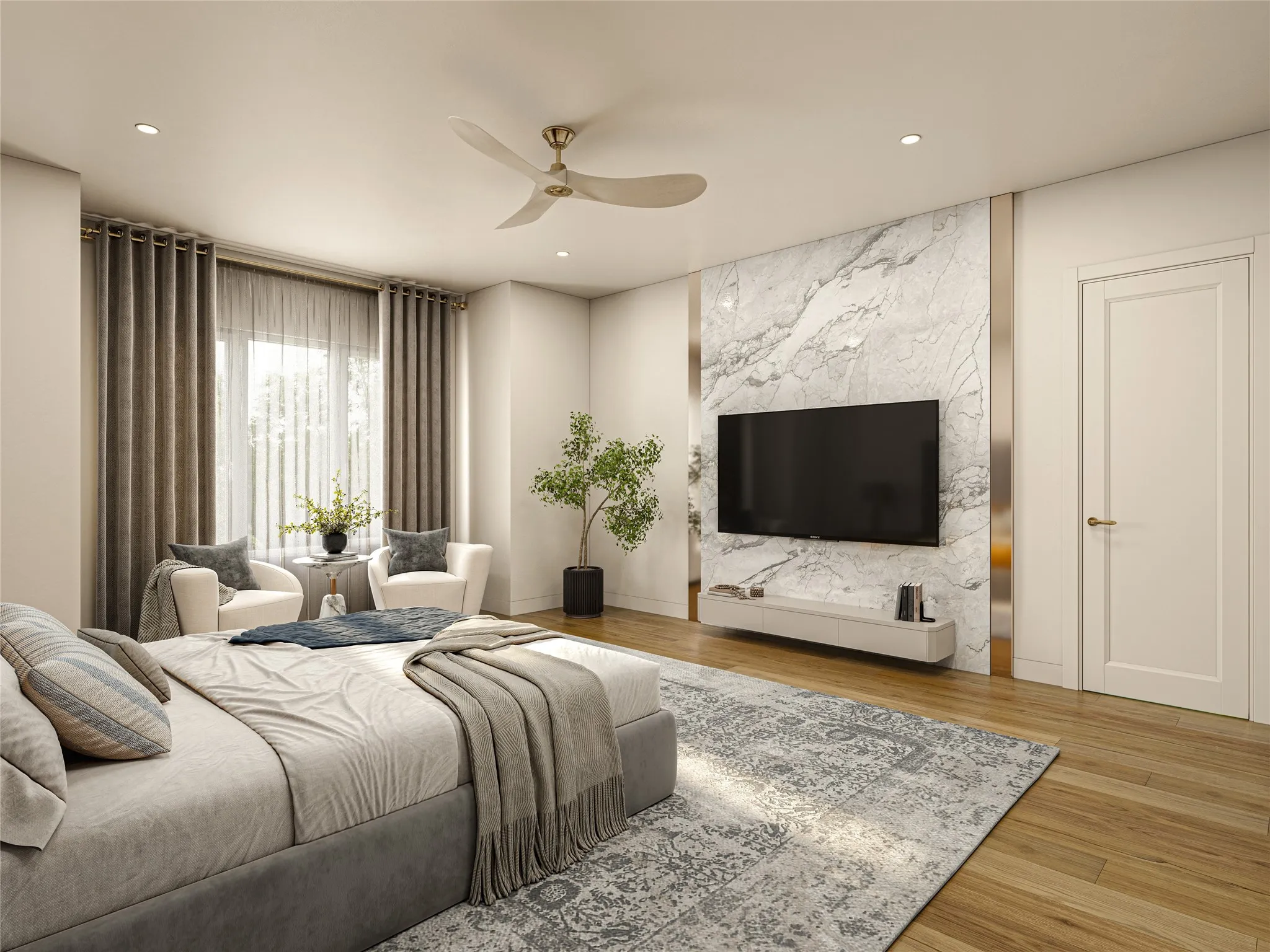 Spacious room featuring wood-finish flooring, a ceiling fan, and recessed lighting