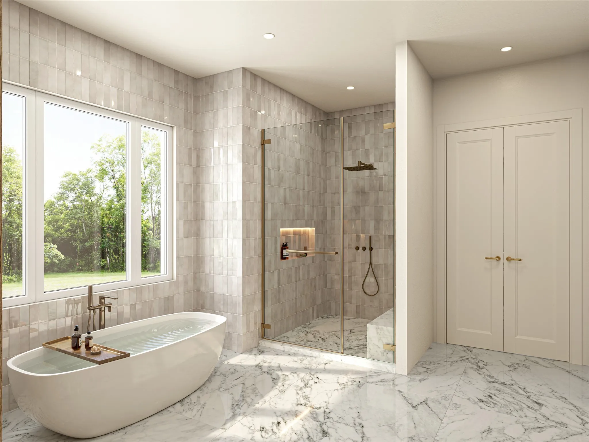 Freestanding soaking tub with floor-mounted fixture, large window, and glass-enclosed shower with wall-mounted fixtures