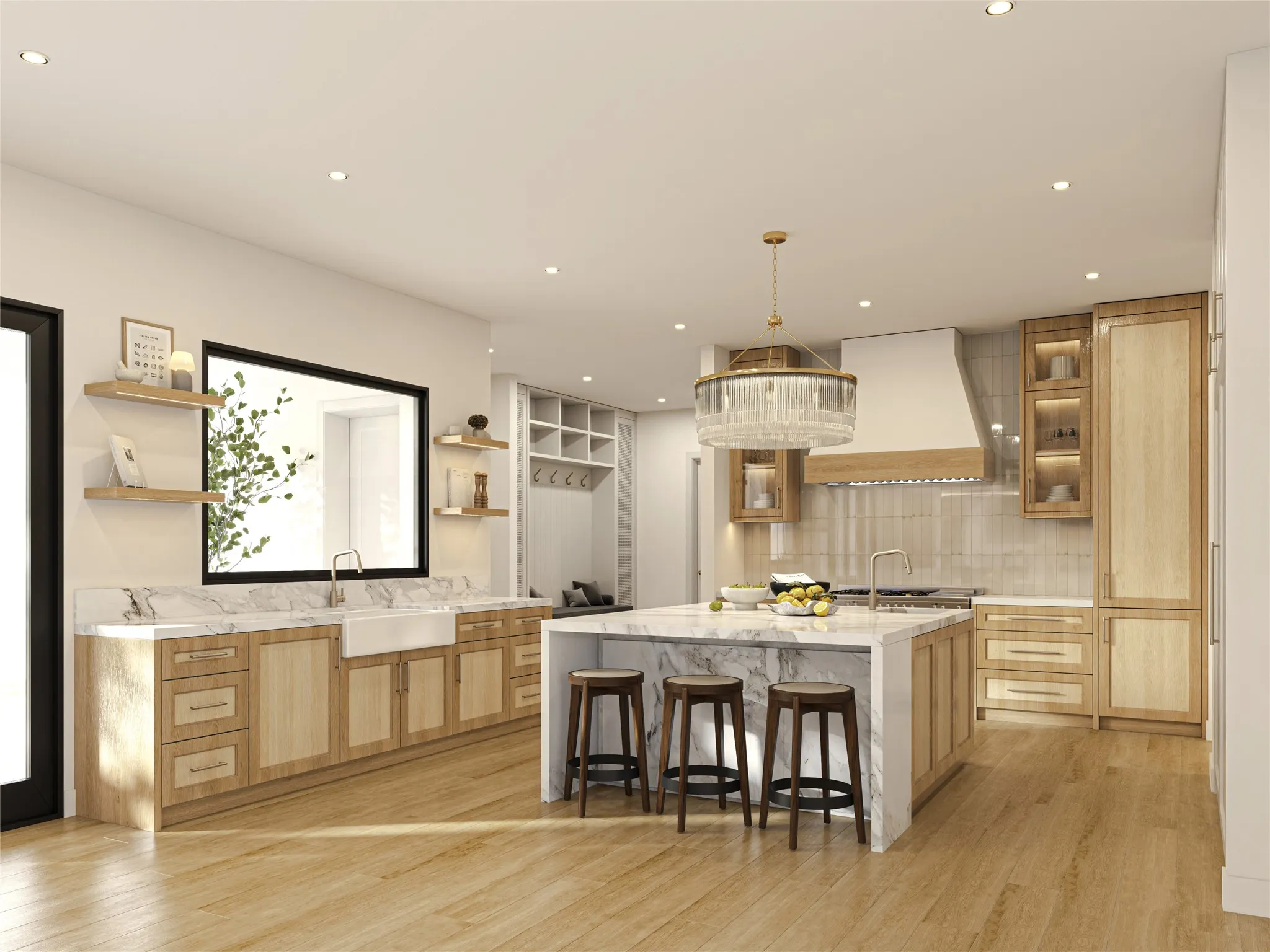 Spacious kitchen featuring an expansive central island with waterfall countertop, wood-finish flooring, light wood cabinetry, and recessed lighting