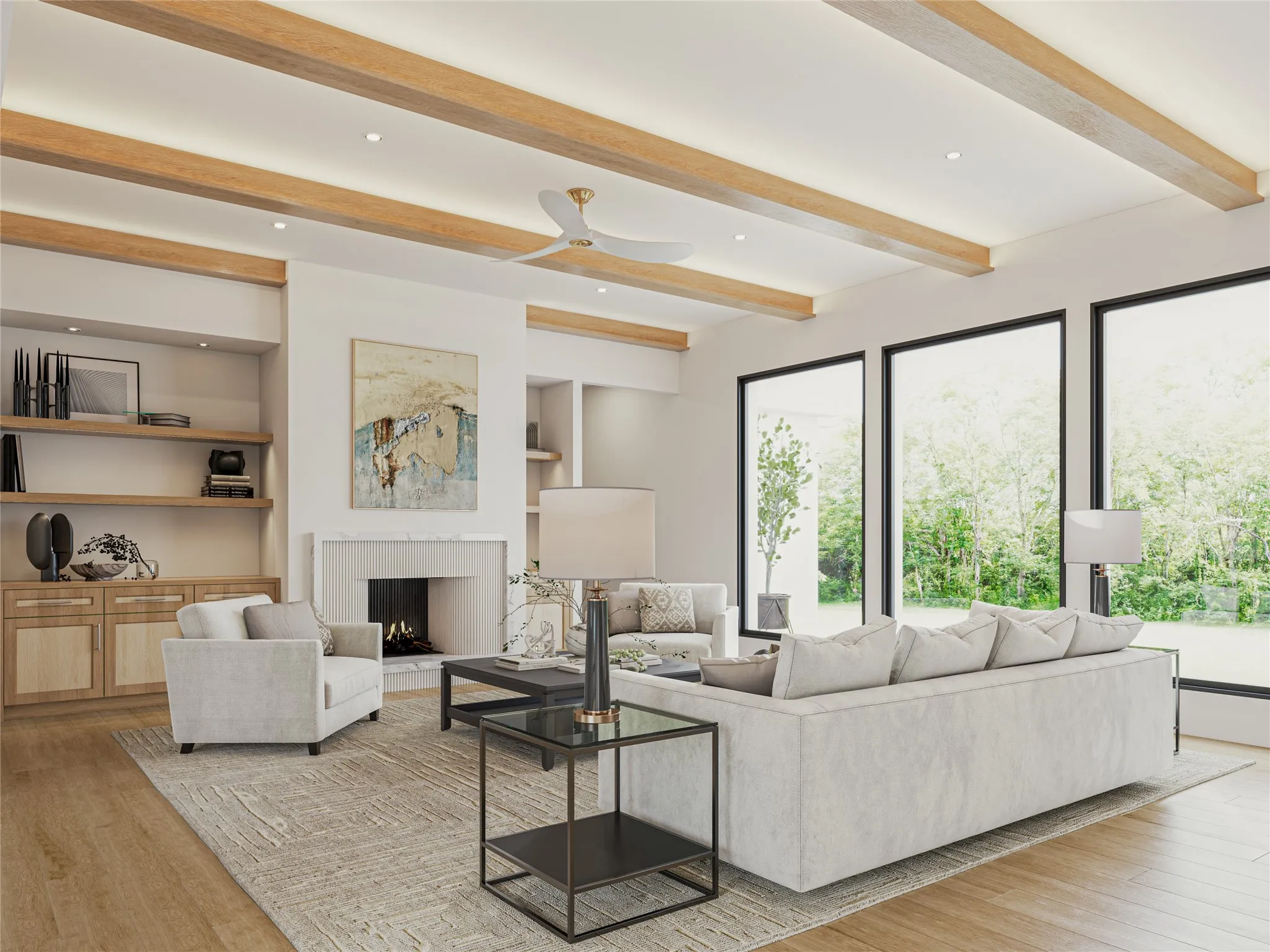 Spacious living area featuring exposed wood-finish ceiling beams, a contemporary fireplace with a stone surround, and integrated shelving with lower cabinetry