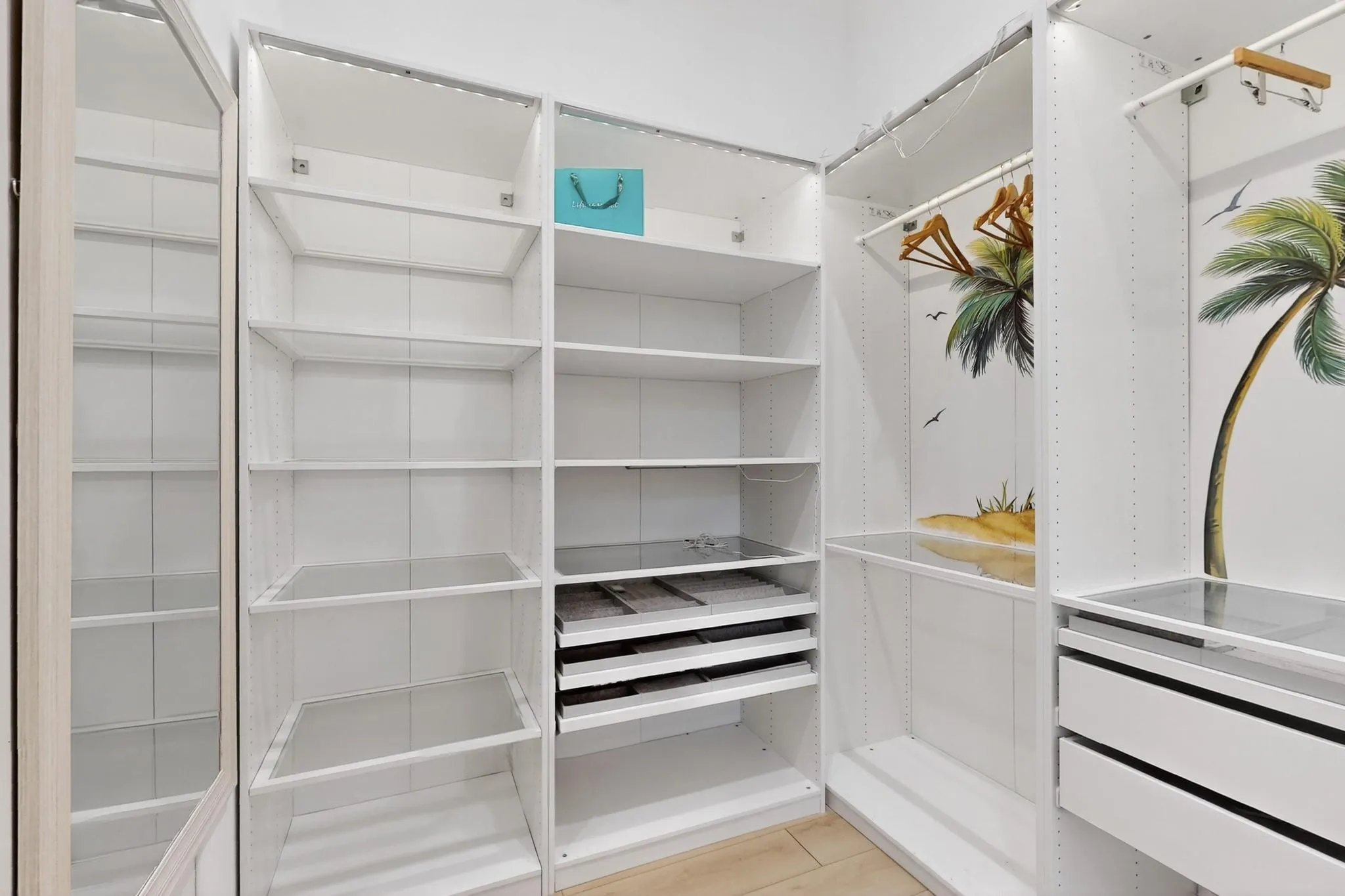 Custom closet system featuring white shelving, integrated drawers, hanging rods, and a full-length mirror