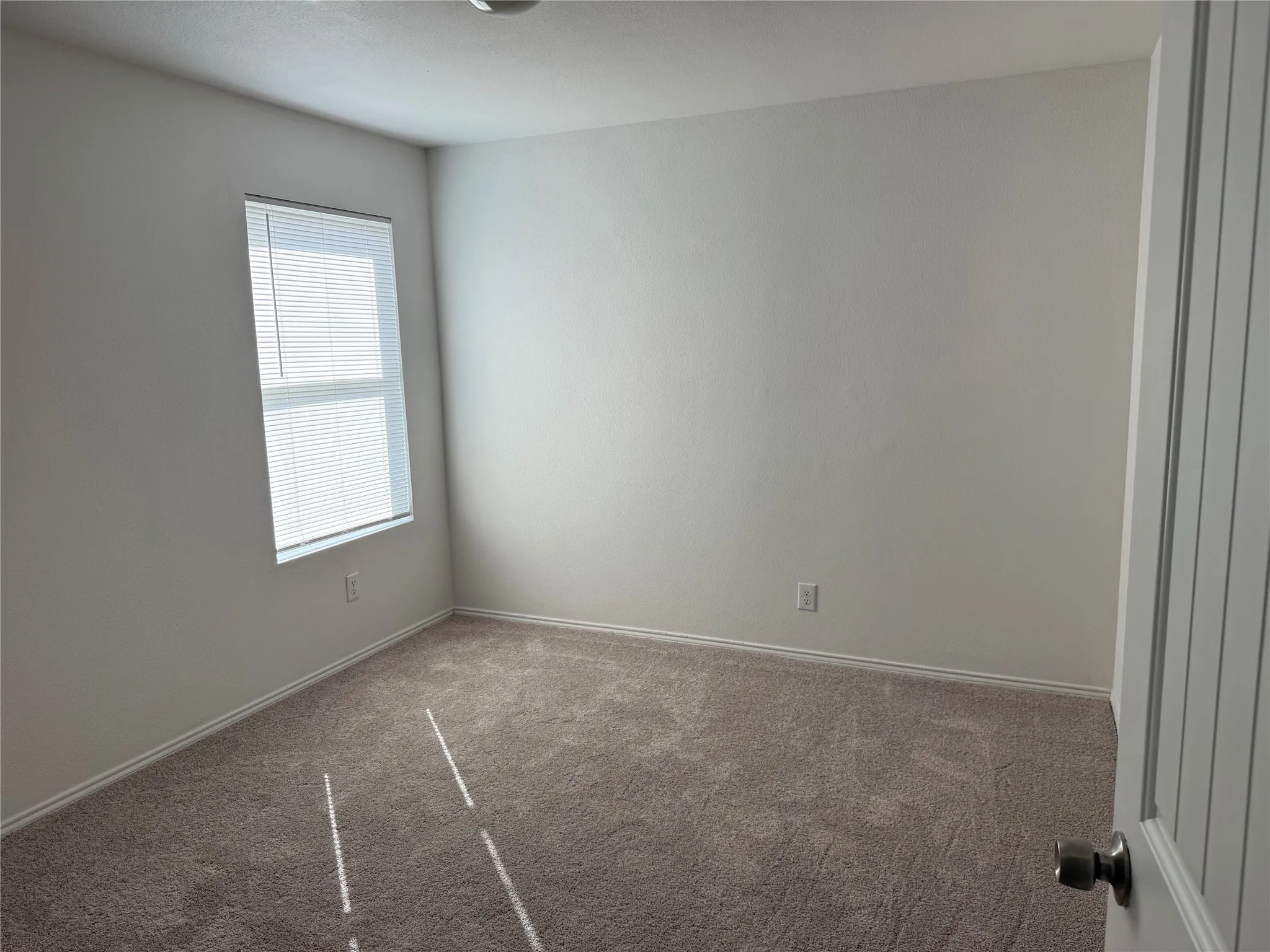 Bright room featuring a window with blinds, neutral wall paint, textured carpeting, white baseboards, and a paneled door with a brushed nickel knob