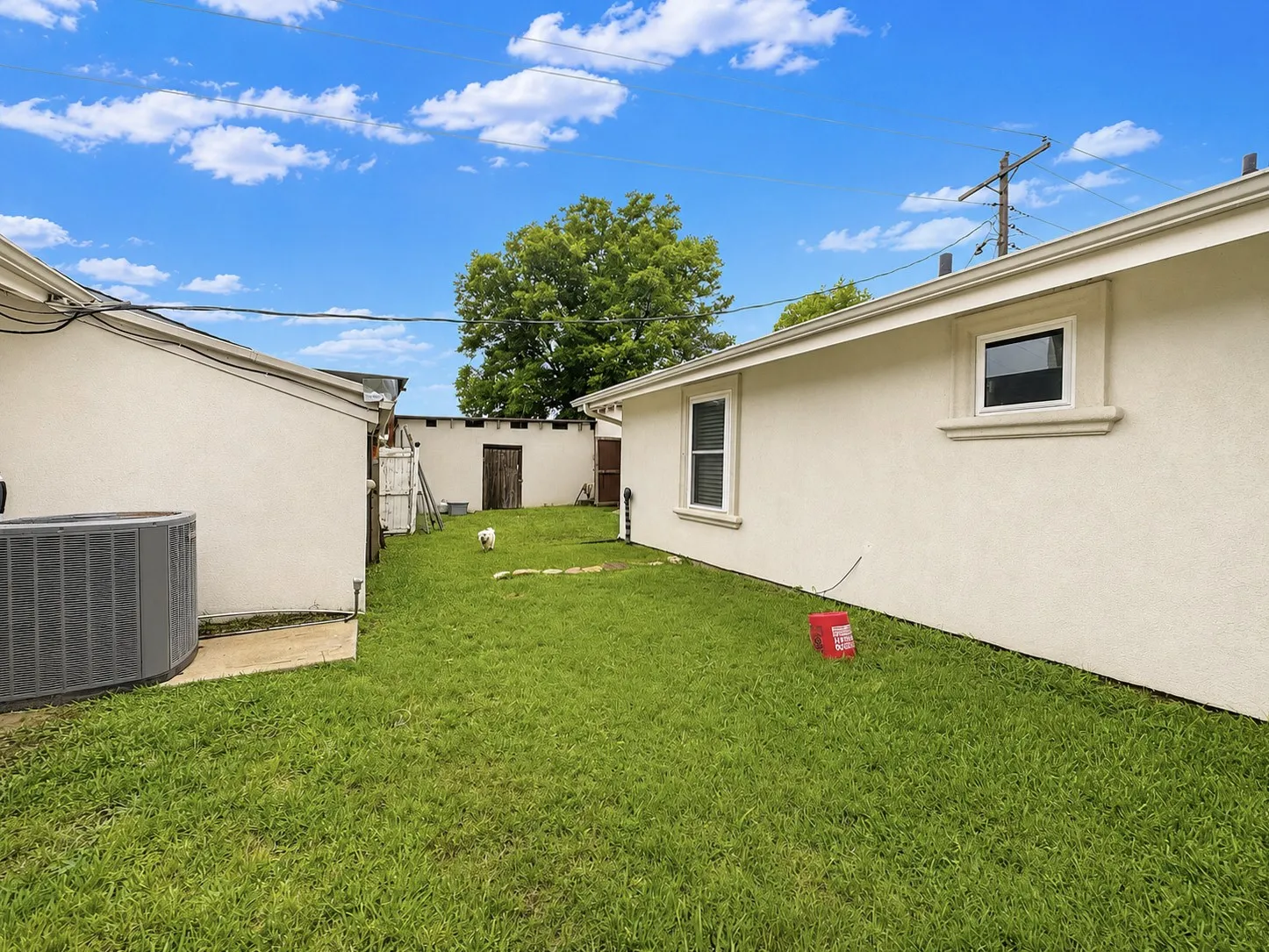 Expansive grassy yard area with stucco exterior walls and a mature tree providing natural shade