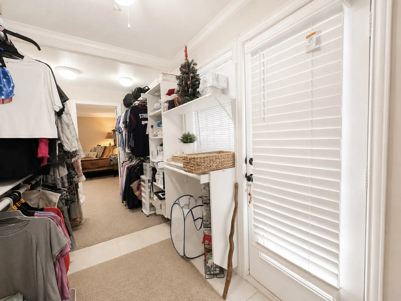 Walk-in closet featuring extensive built-in shelving and hanging rods, a ceiling-mounted flush light fixture, and a white door with integrated blinds
