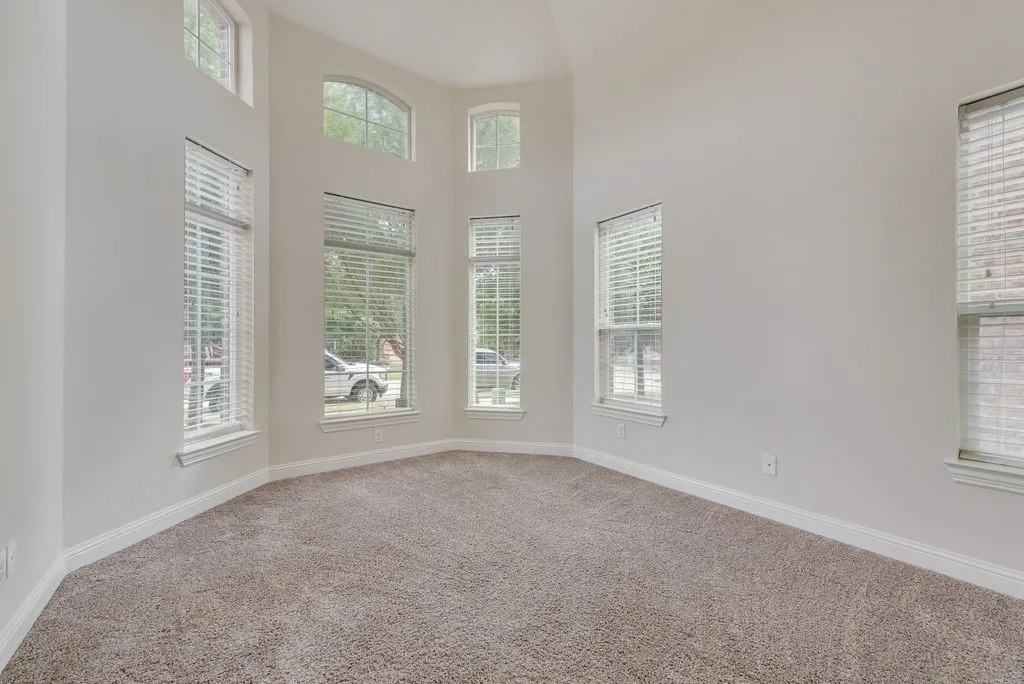 Room featuring a high ceiling, light-colored walls, and neutral carpet flooring