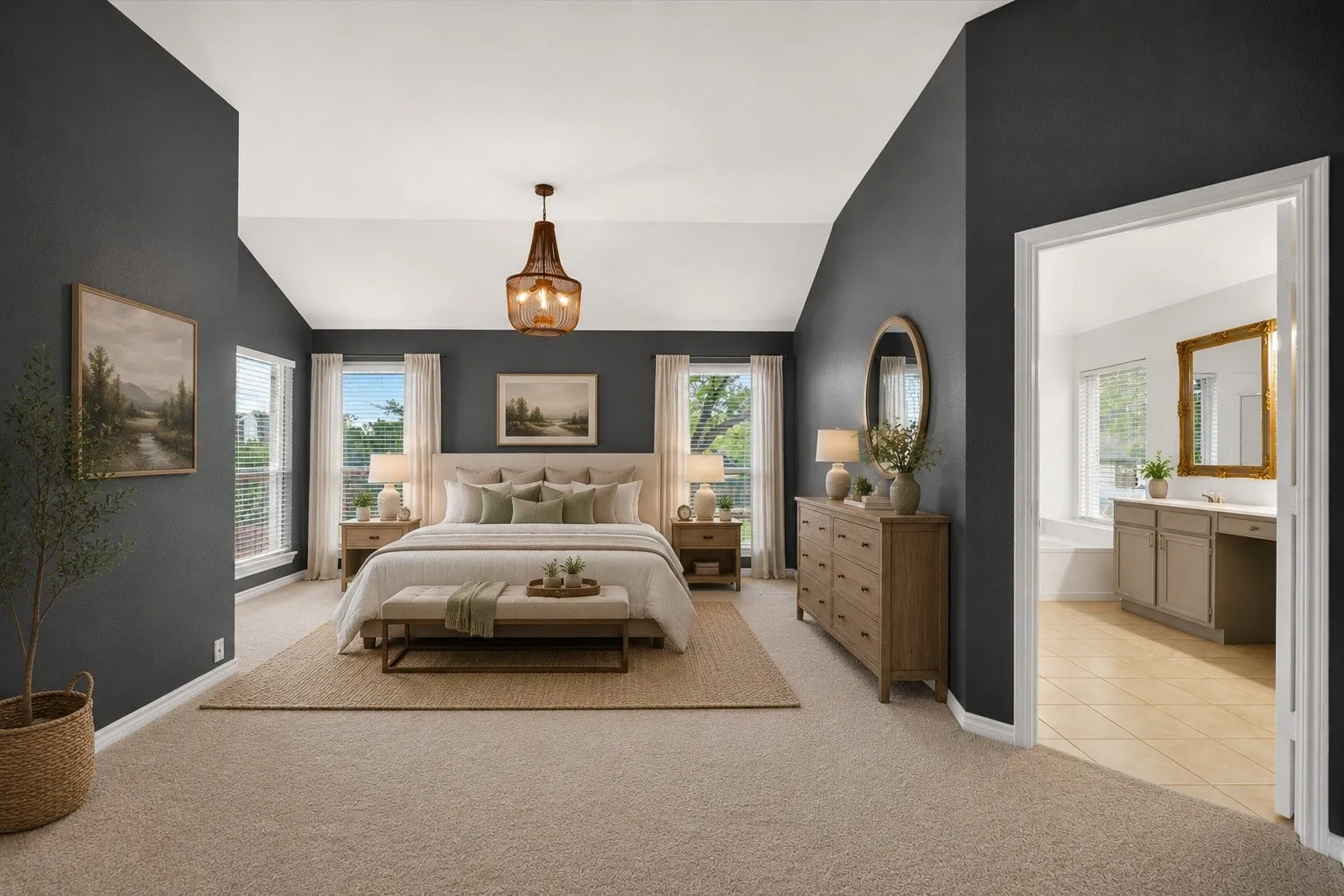 Carpeted bedroom with vaulted ceiling and dark accent walls