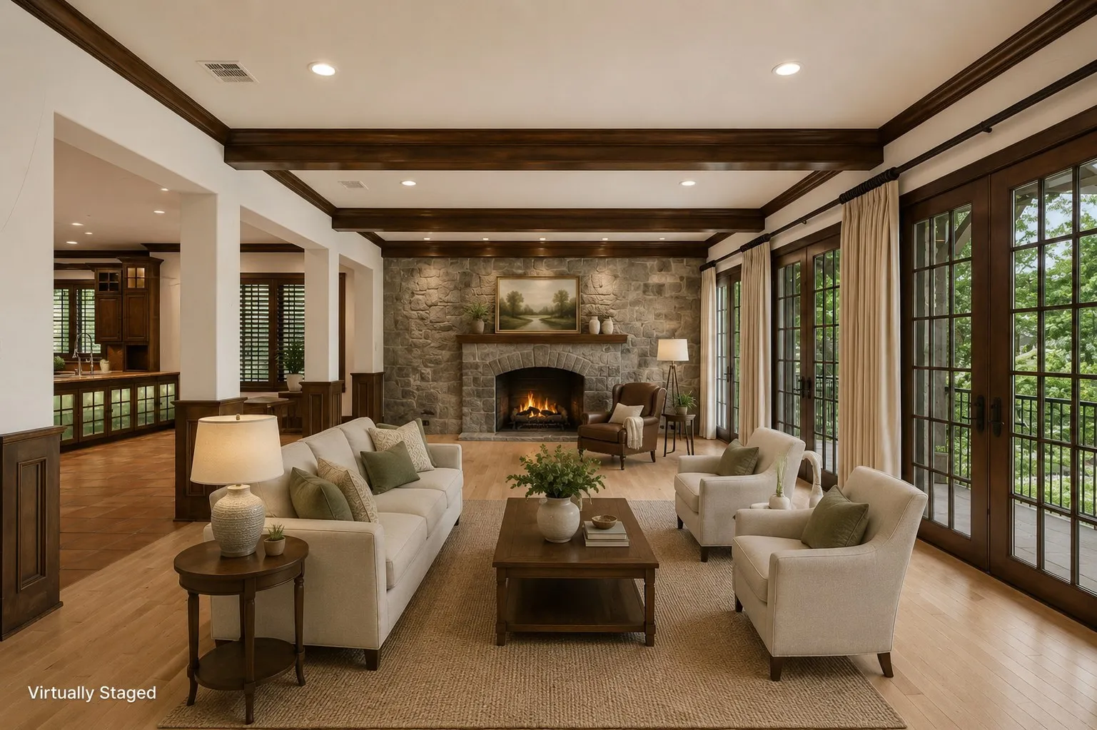 Spacious living area featuring a stone fireplace, wood-finish flooring, exposed ceiling beams, and multiple paneled glass doors