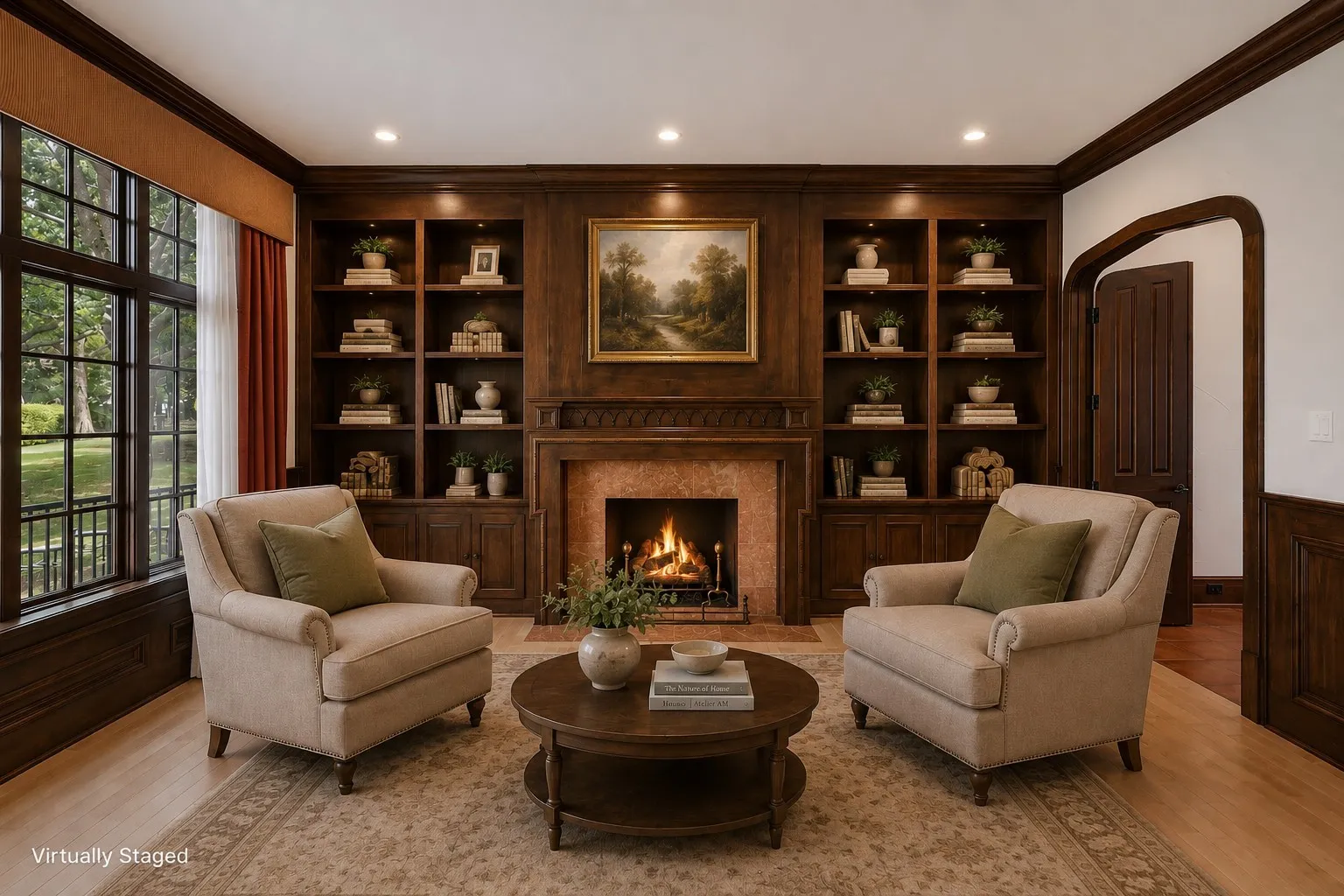 Hardwood flooring throughout this room featuring a fireplace with a stone surround, built-in shelving, and large windows