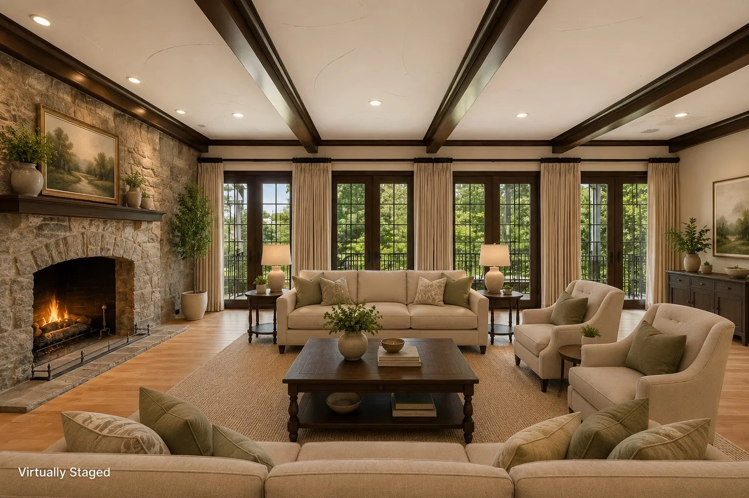 Spacious family room featuring a stone-clad fireplace with a wood mantel, exposed ceiling beams, recessed lighting, and multiple French doors