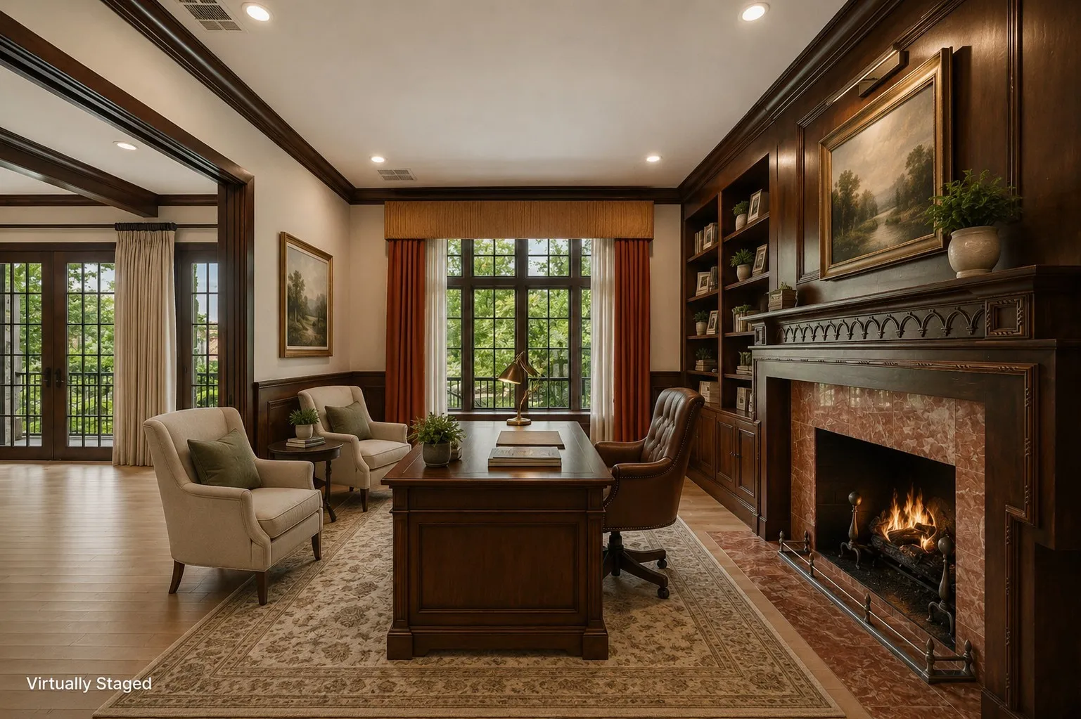 Hardwood flooring throughout this room featuring a fireplace with a stone surround, built-in shelving, and large windows