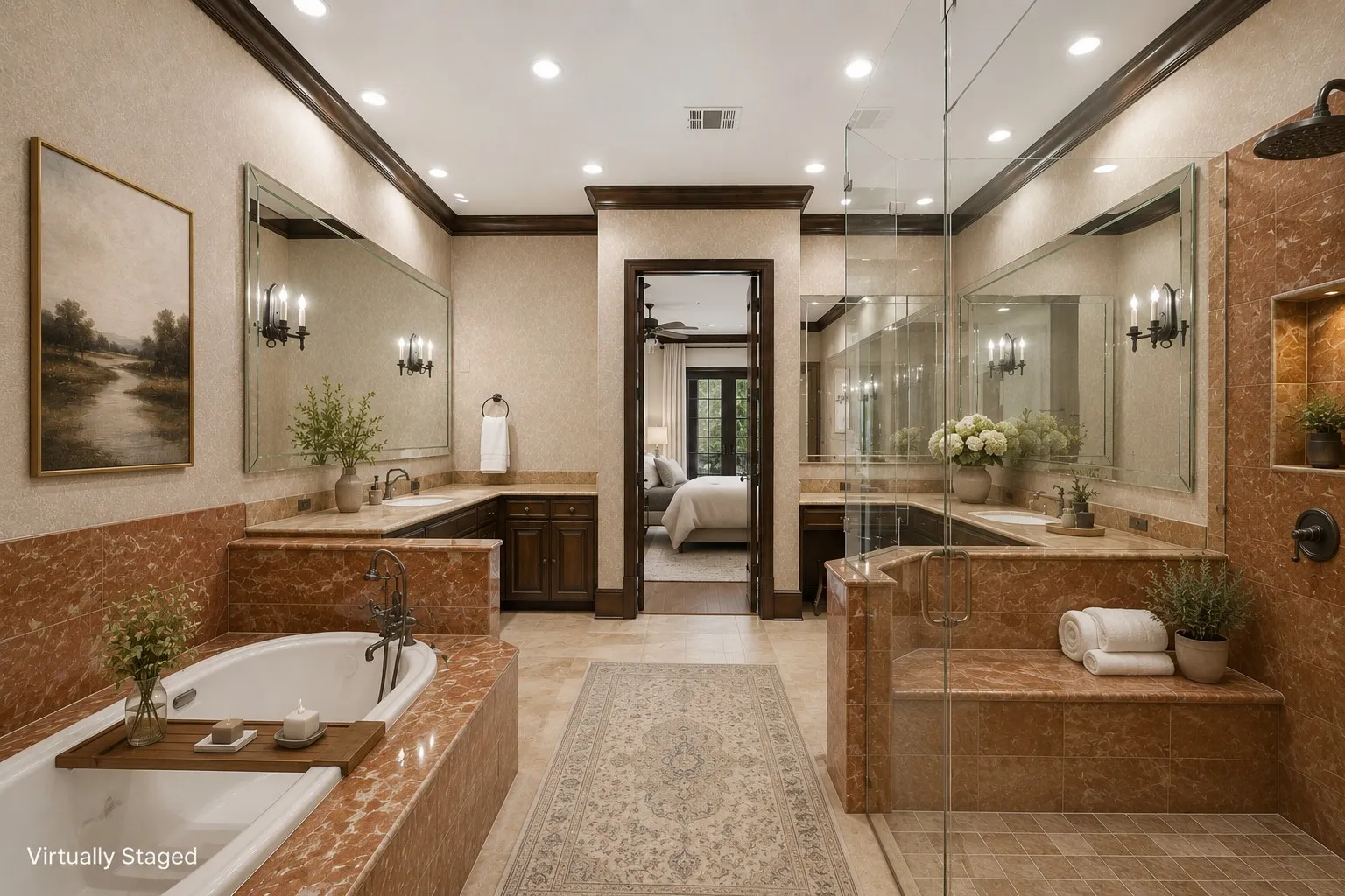 Spa bathroom with jetted tub, walk-in shower and dual sinks and vanities