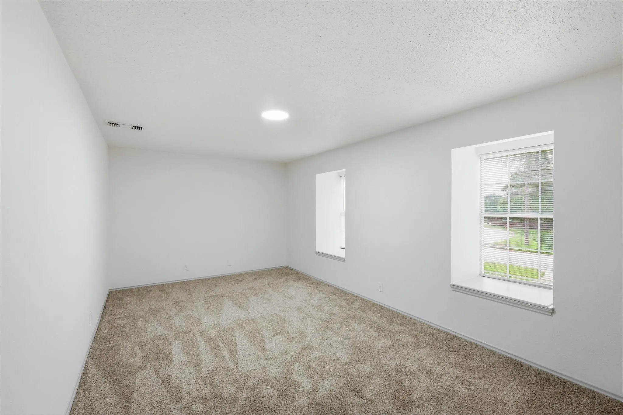 Spacious room featuring new carpeting, freshly painted white walls, two recessed windows with blinds, and a ceiling-mounted light fixture