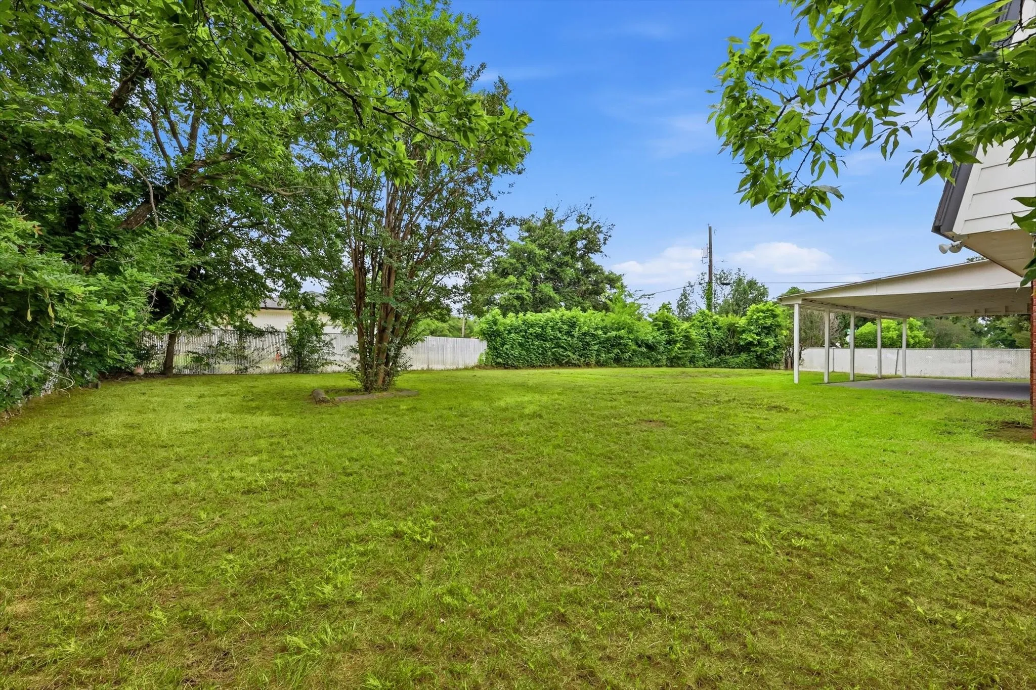 Expansive green lawn with mature trees and a dedicated carport