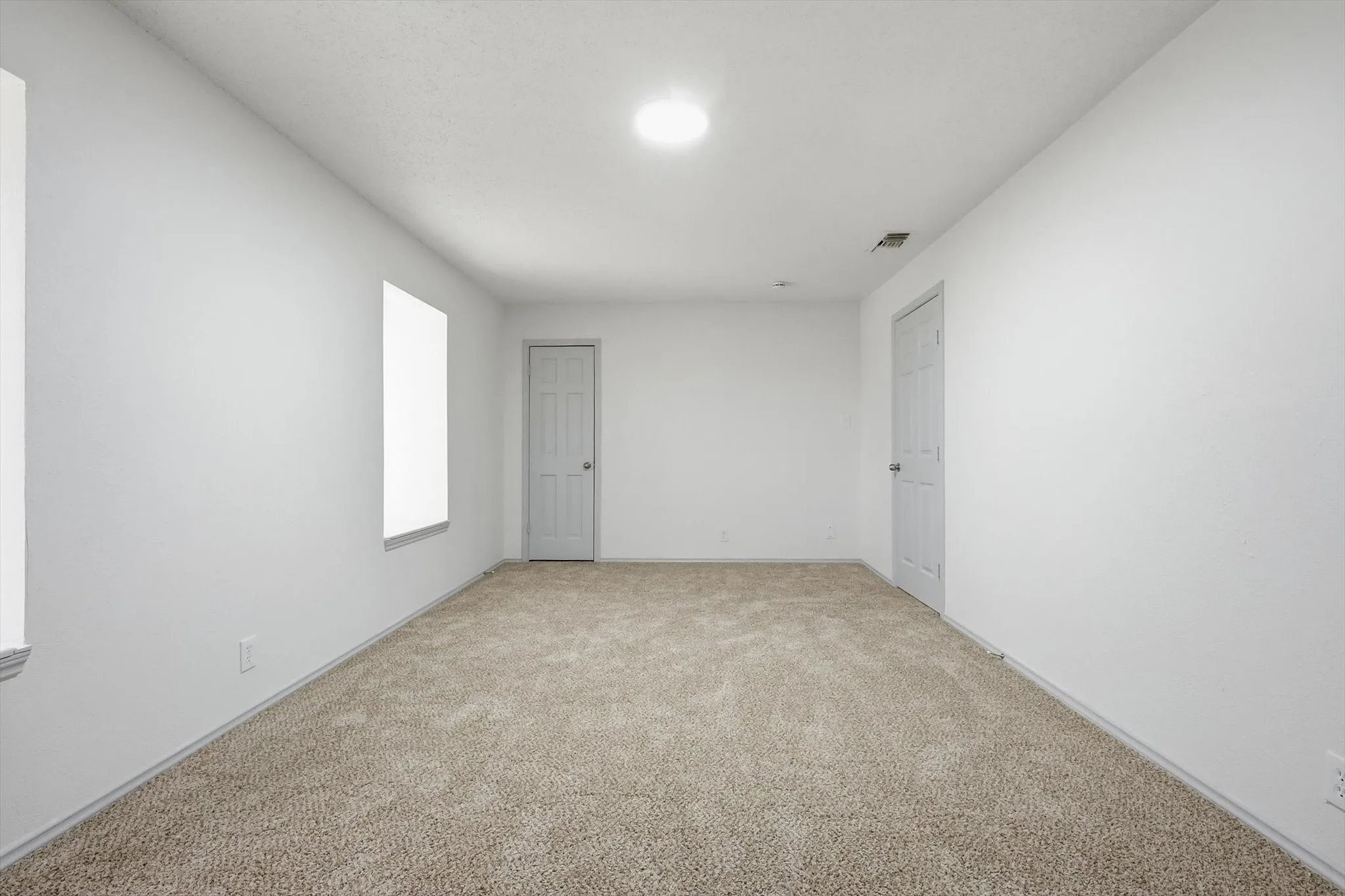Spacious room featuring neutral carpeting, white walls, and two paneled doors, complemented by a ceiling-mounted light fixture