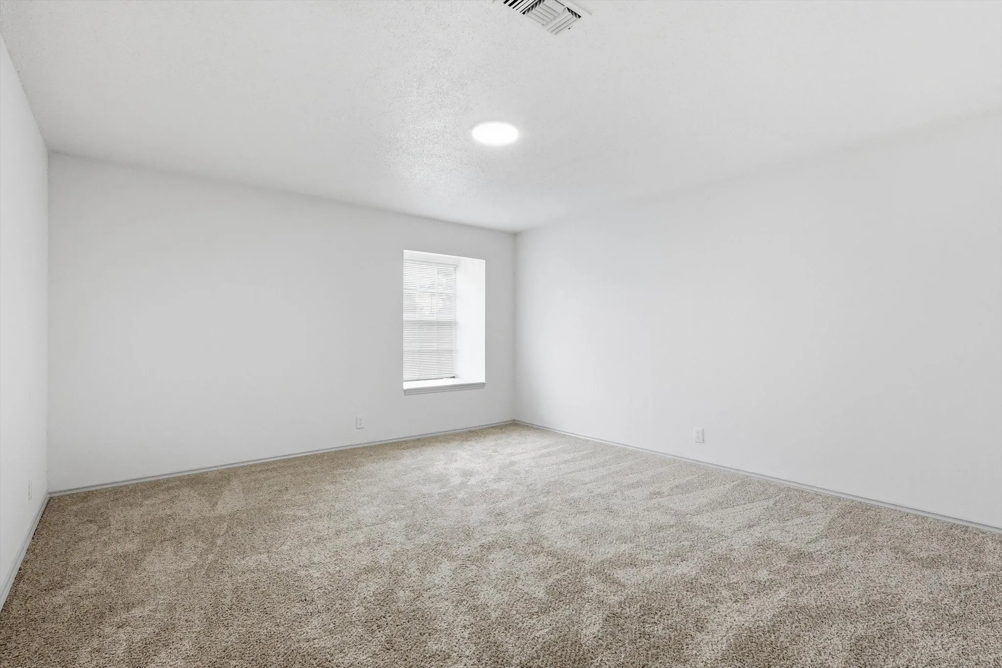 Spacious room featuring neutral carpeting, a single window with blinds, white walls, and an overhead light fixture