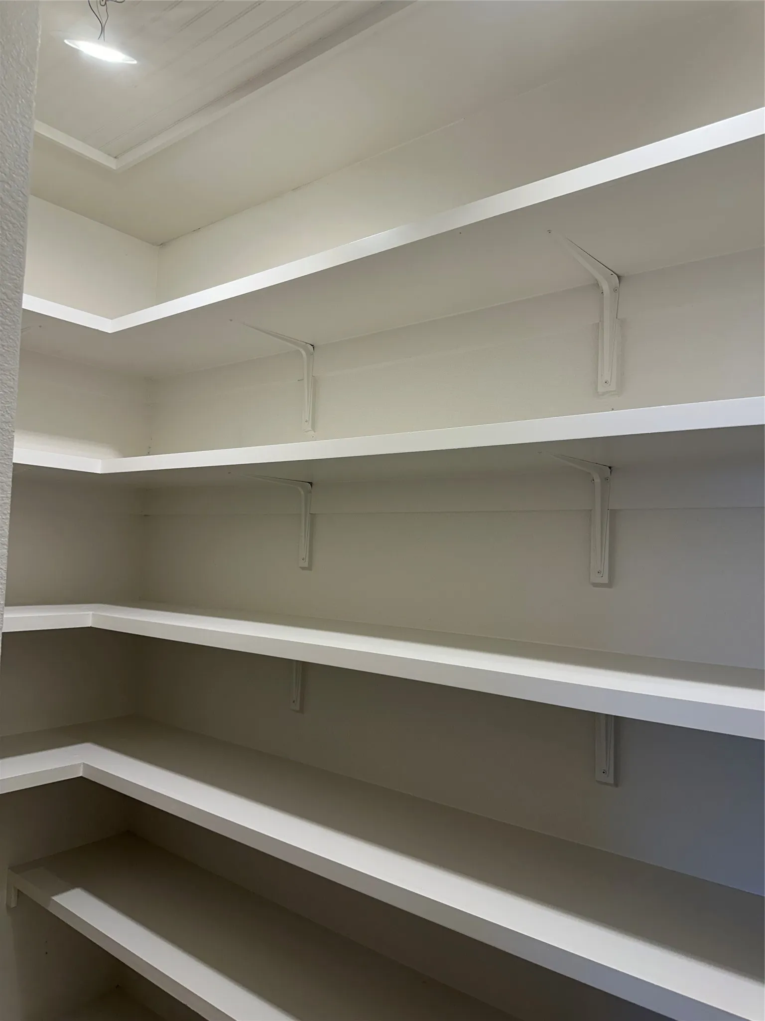 Expansive pantry featuring wrap-around shelving and clean white finishes