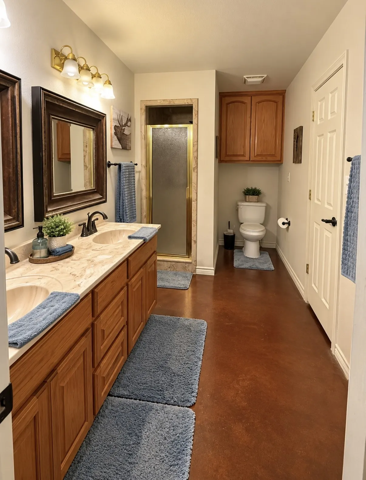 Primary bathroom with Dual vanity with integrated sinks, granite-style countertop, and wood cabinetry, huge walk in closet