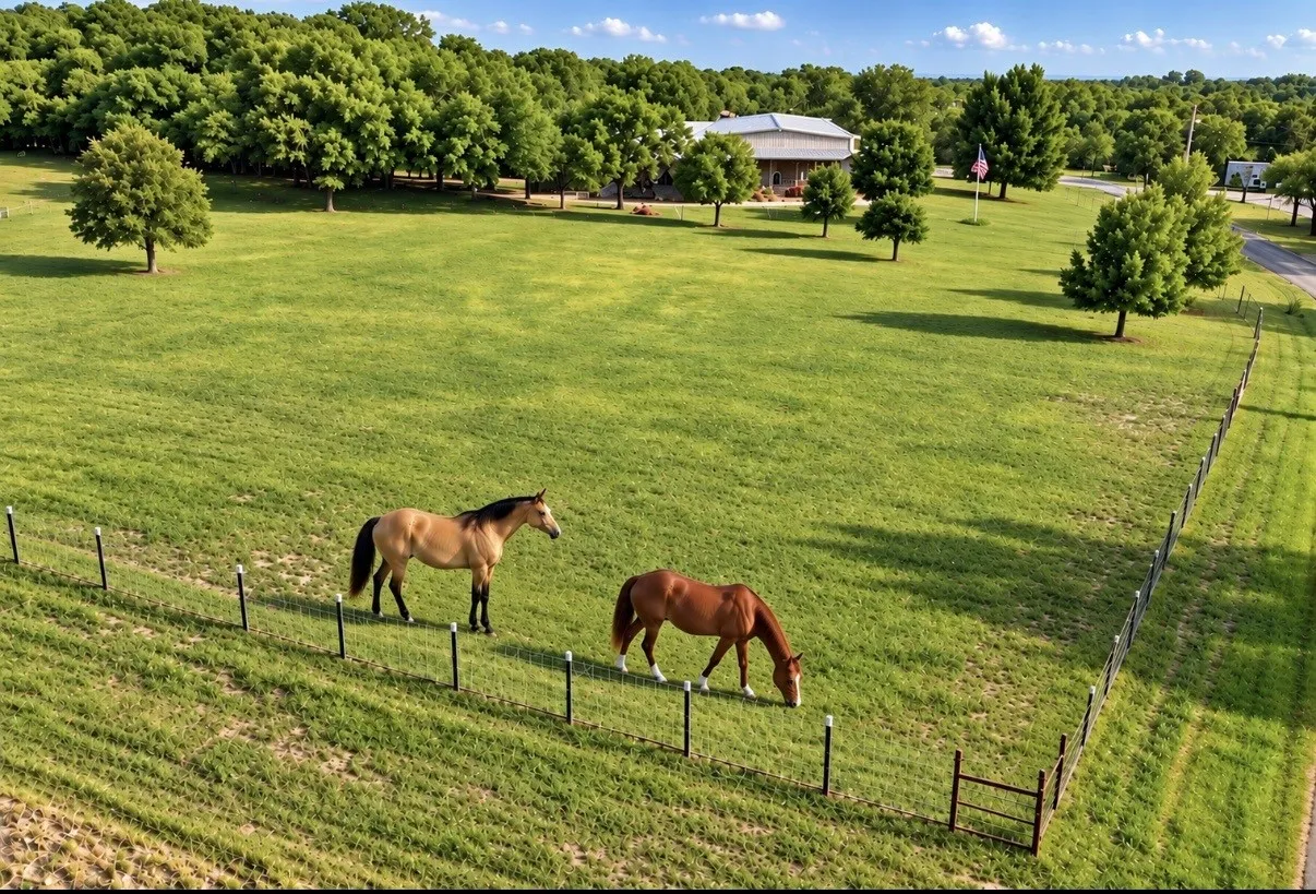 Expansive fenced pasture with lush green grass and mature trees