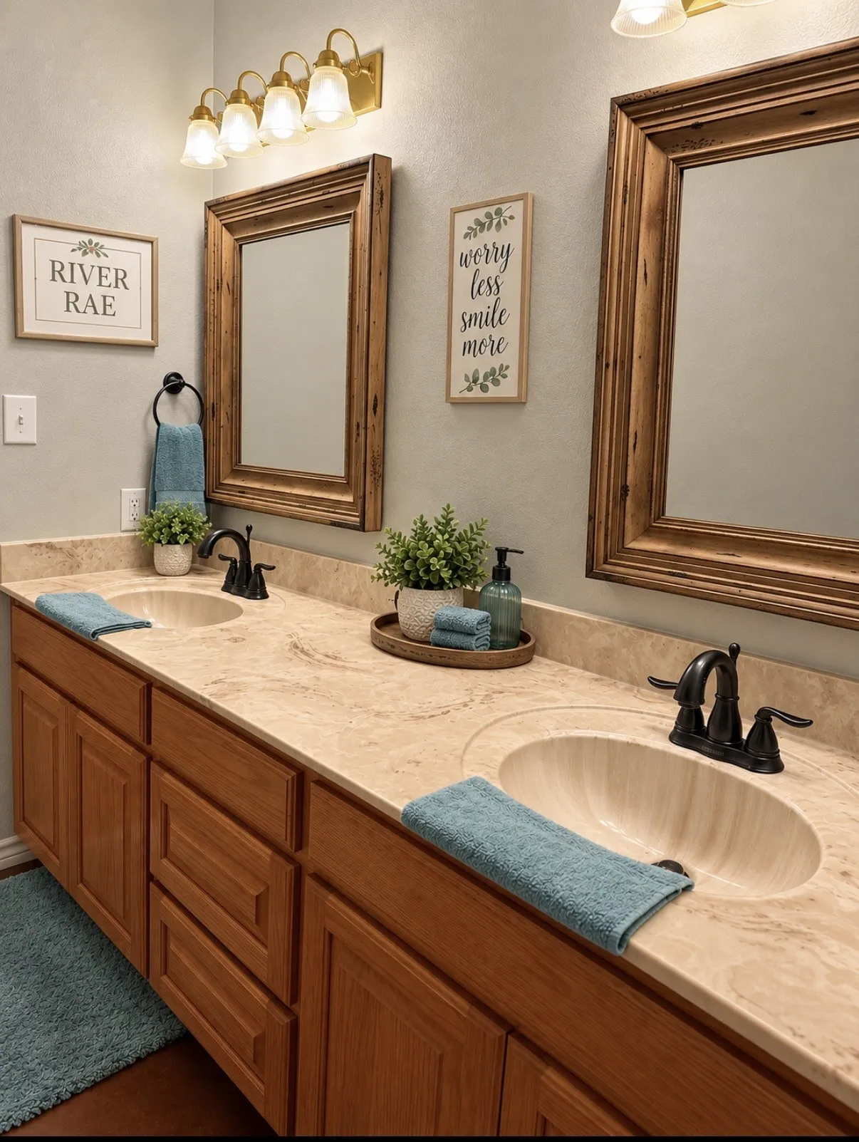 Second bathroom with Dual vanity featuring integrated sinks, a stone countertop, wood cabinetry, and framed mirrors