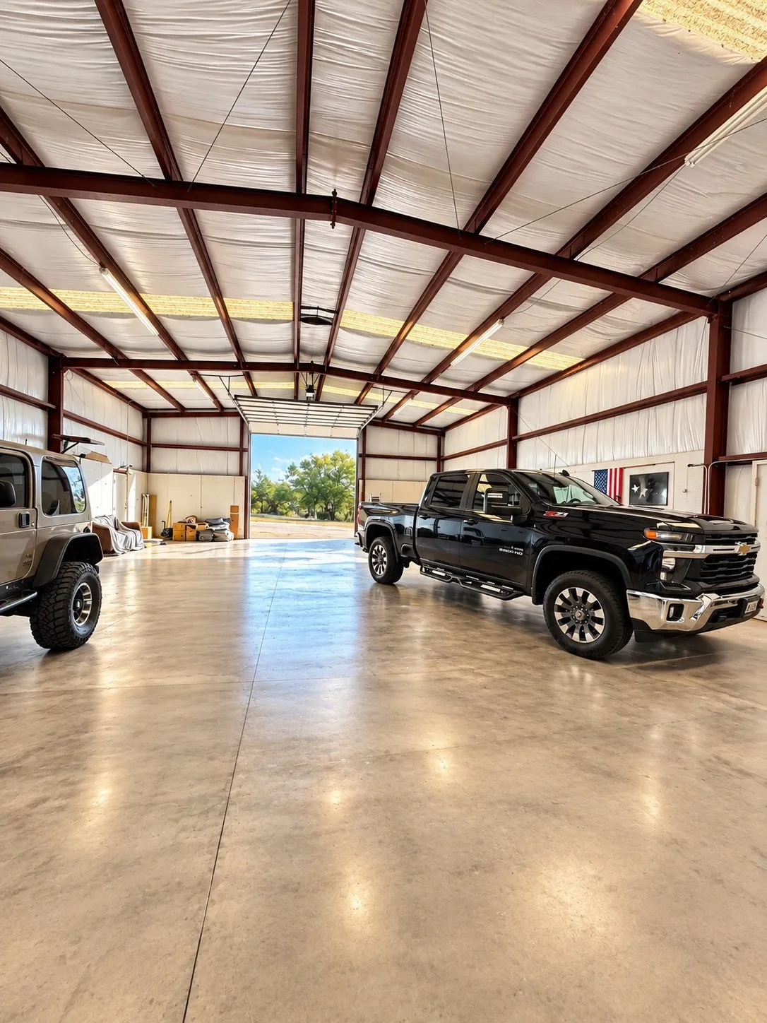 Amazing garage space with high ceilings, exposed structural beams, polished concrete flooring, and multiple overhead lighting fixtures