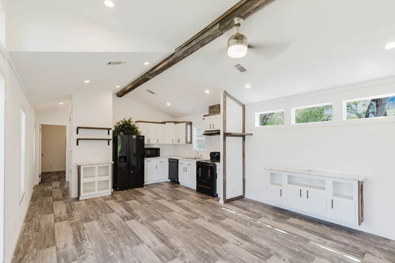 Cabana/tiny home living and kitchen space.