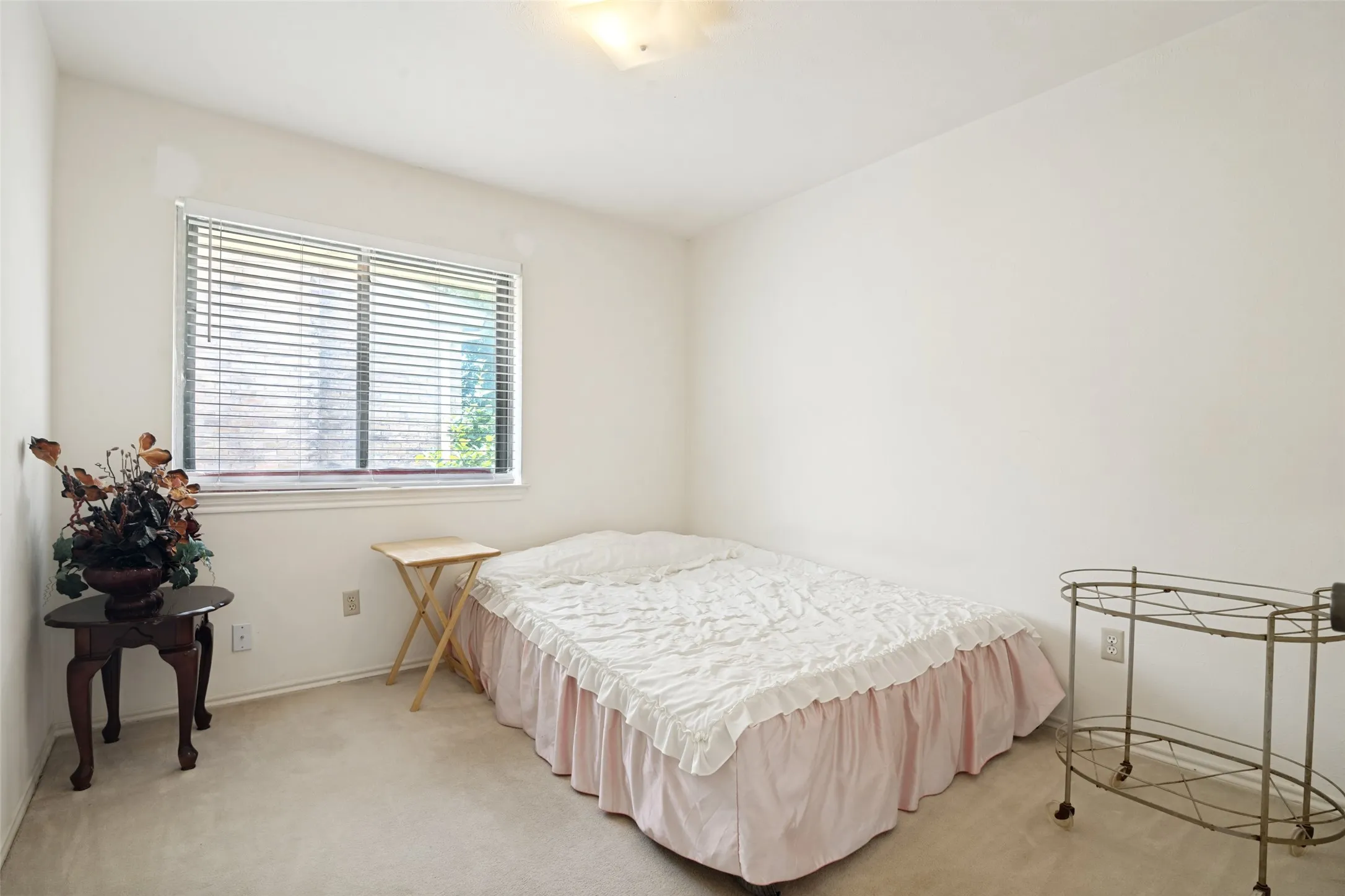 Light-filled room featuring a large window with blinds, neutral carpeting, and white walls
