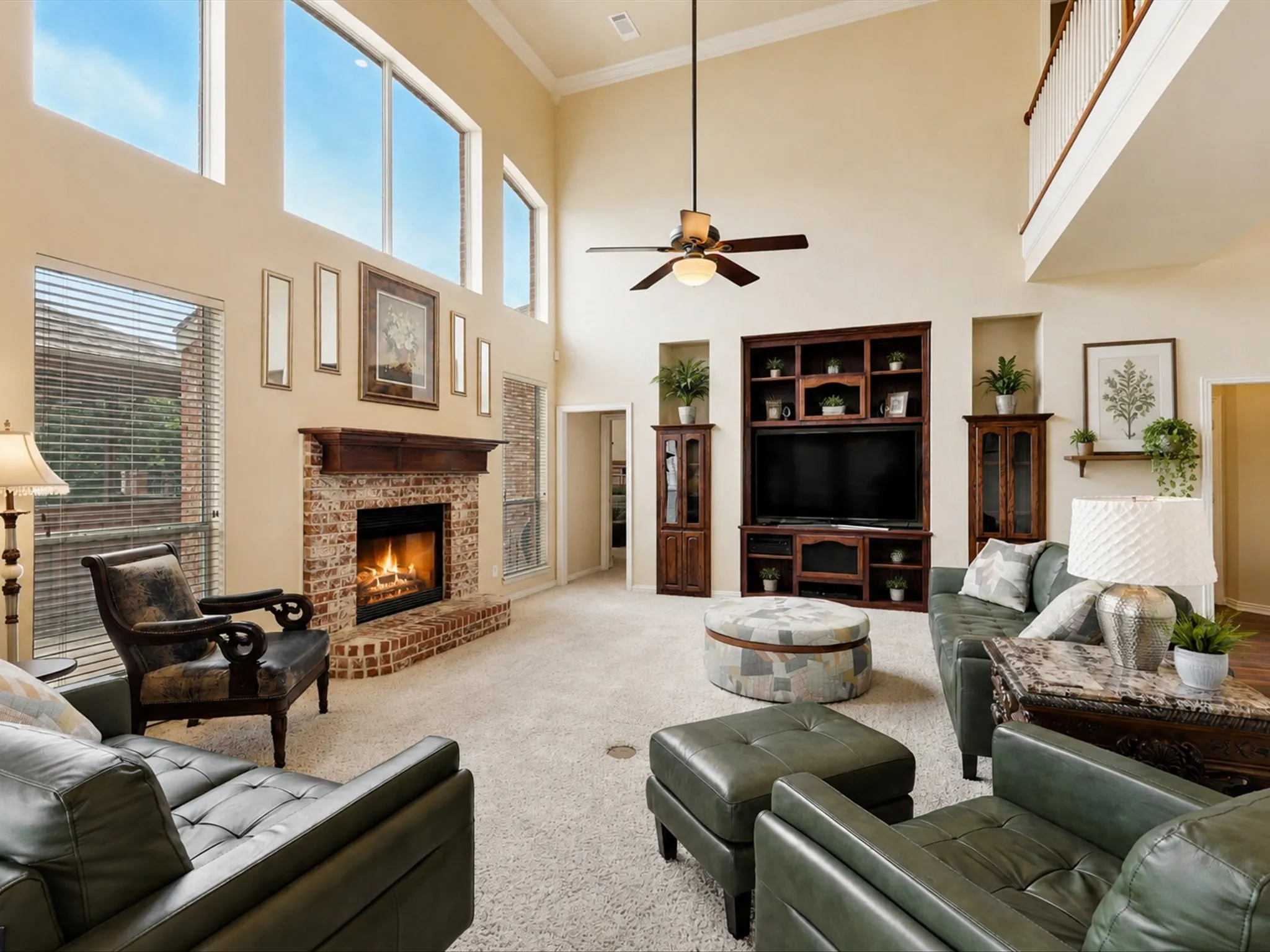 Two-story living area featuring a brick fireplace with wood mantel, built-in entertainment center, high ceilings, and an upper-level railing overlooking the space