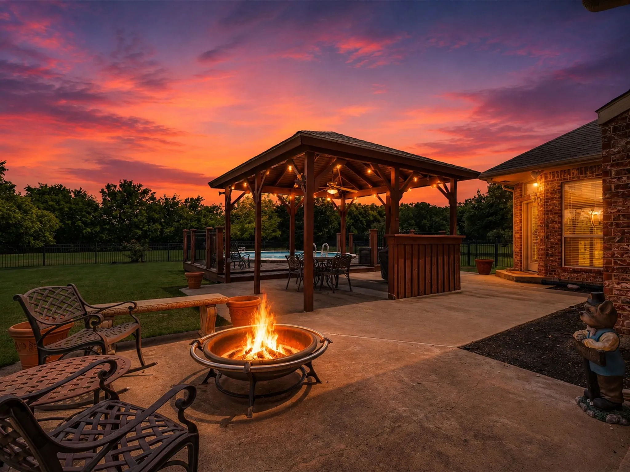 Expansive concrete patio featuring a fire pit, a covered gazebo, and a swimming pool