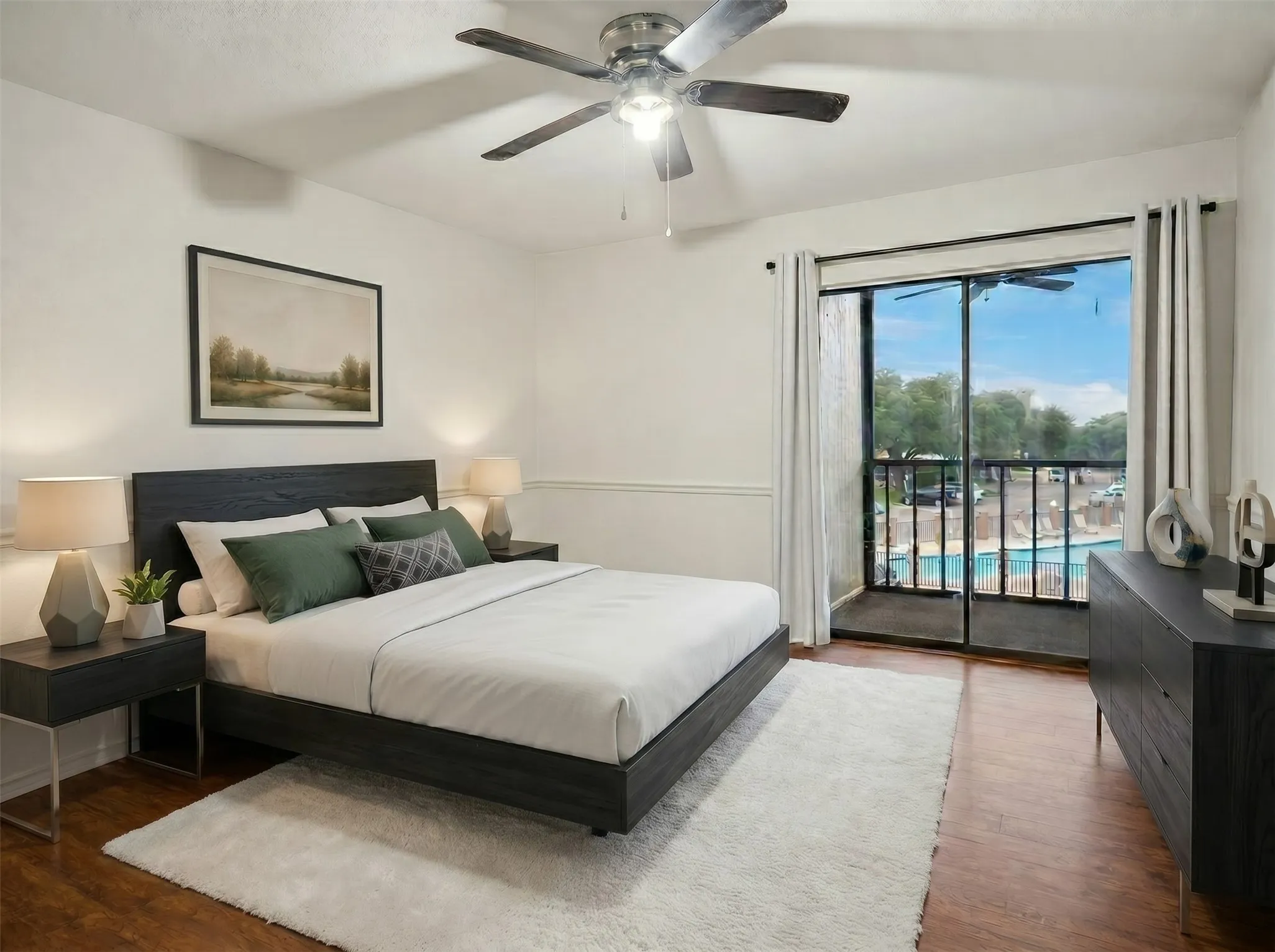 Virtually Staged Primary Bedroom has a private balcony